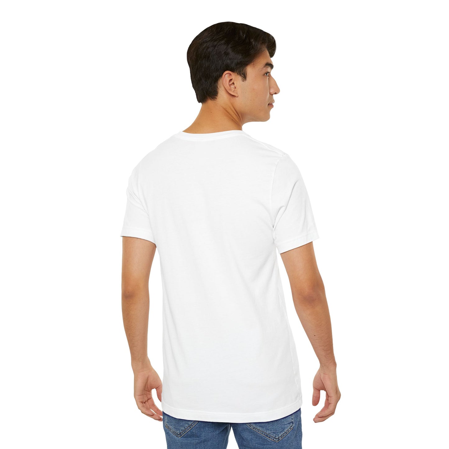 Man wearing a plain white EssenceInnoCreate t-shirt on a white background