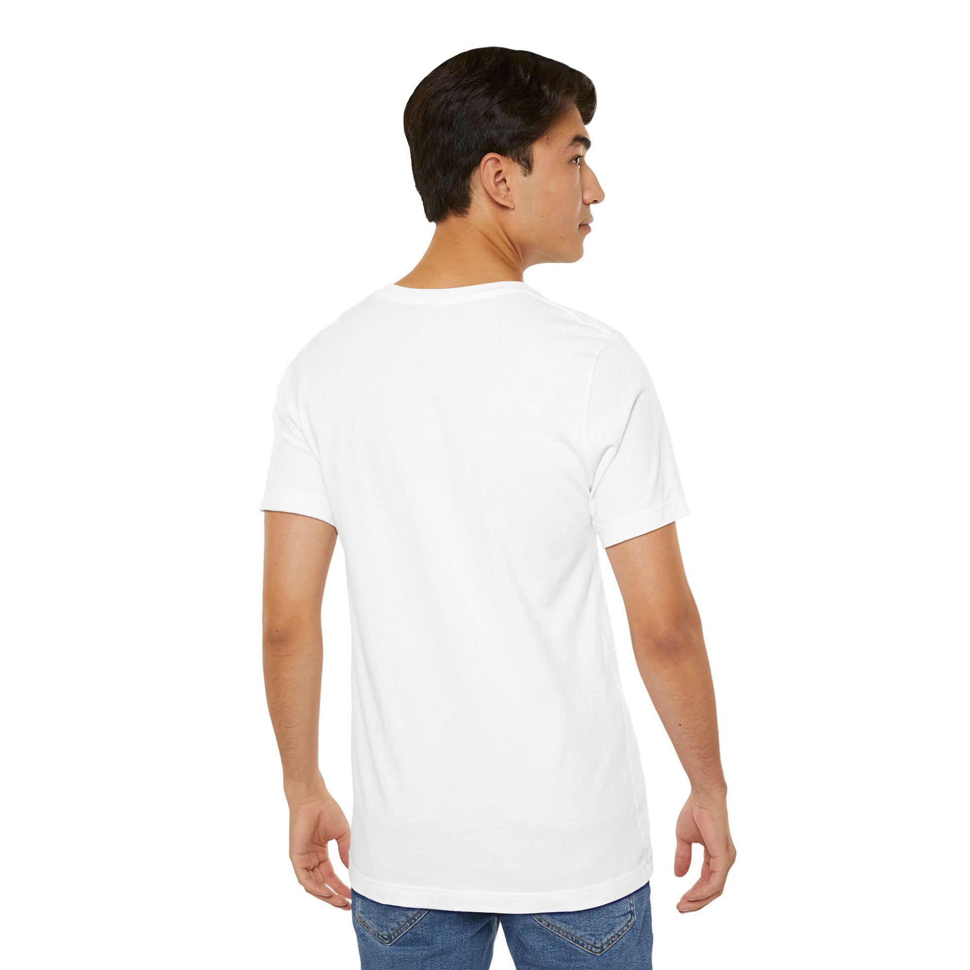 Man wearing a plain white EssenceInnoCreate t-shirt on a white background