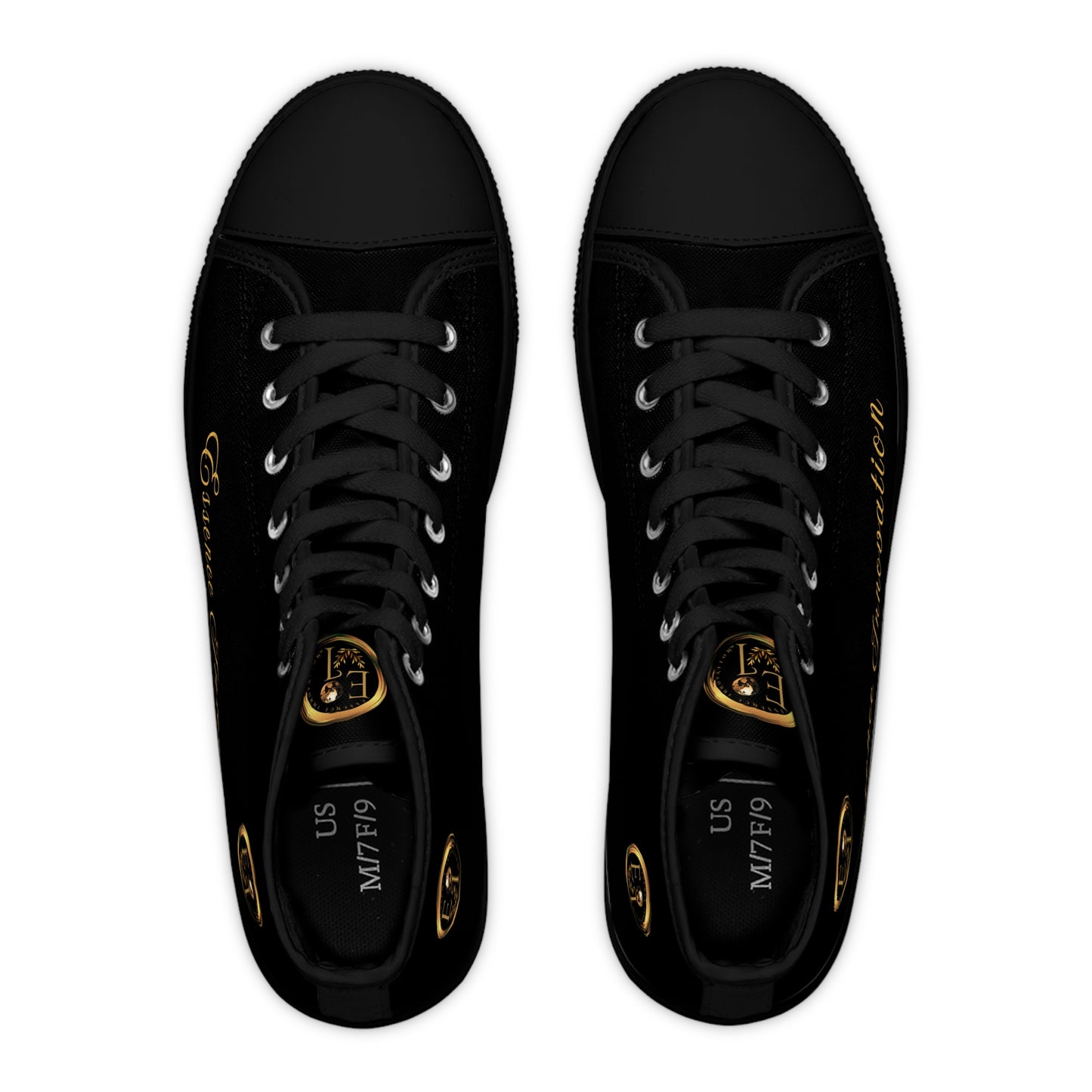 Black high-top 'Essence Innovation' sneakers with gold accents on a white background