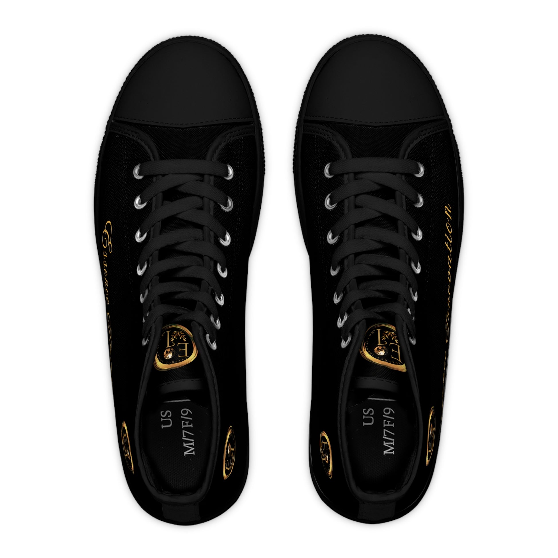 Black high-top 'Essence Innovation' sneakers with gold accents on a white background