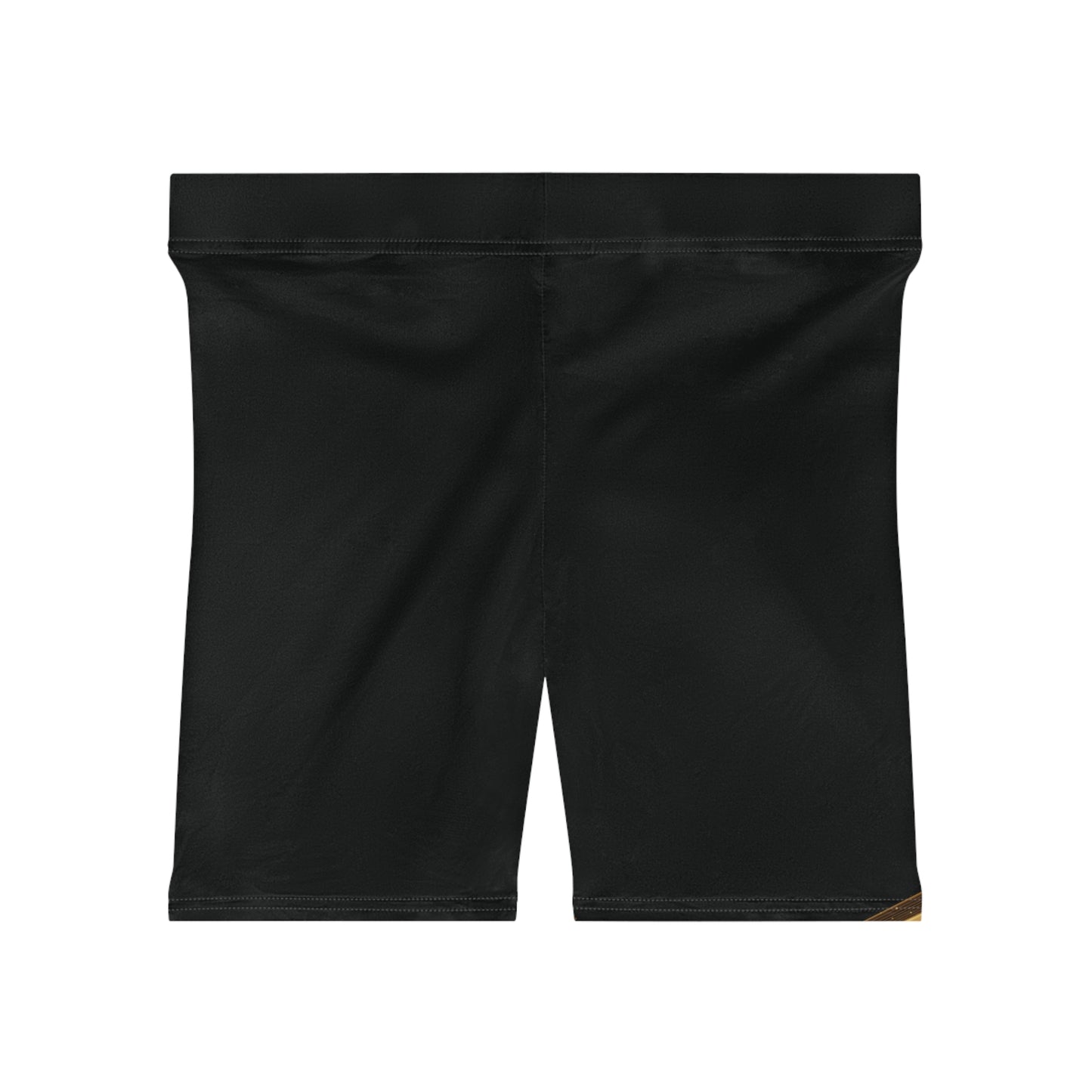 Black shorts with gold text on a white background