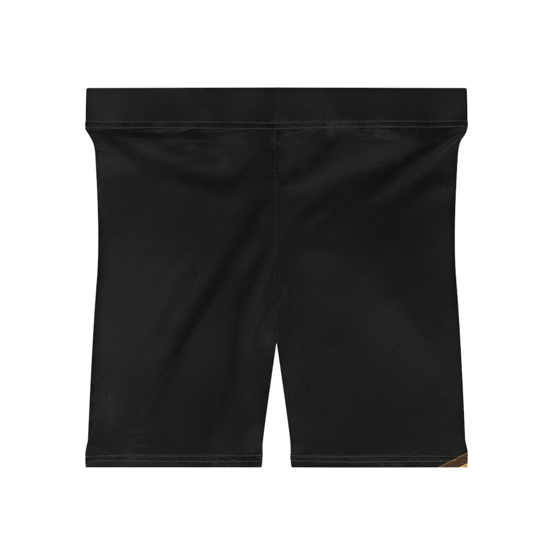 Black shorts with gold text on a white background
