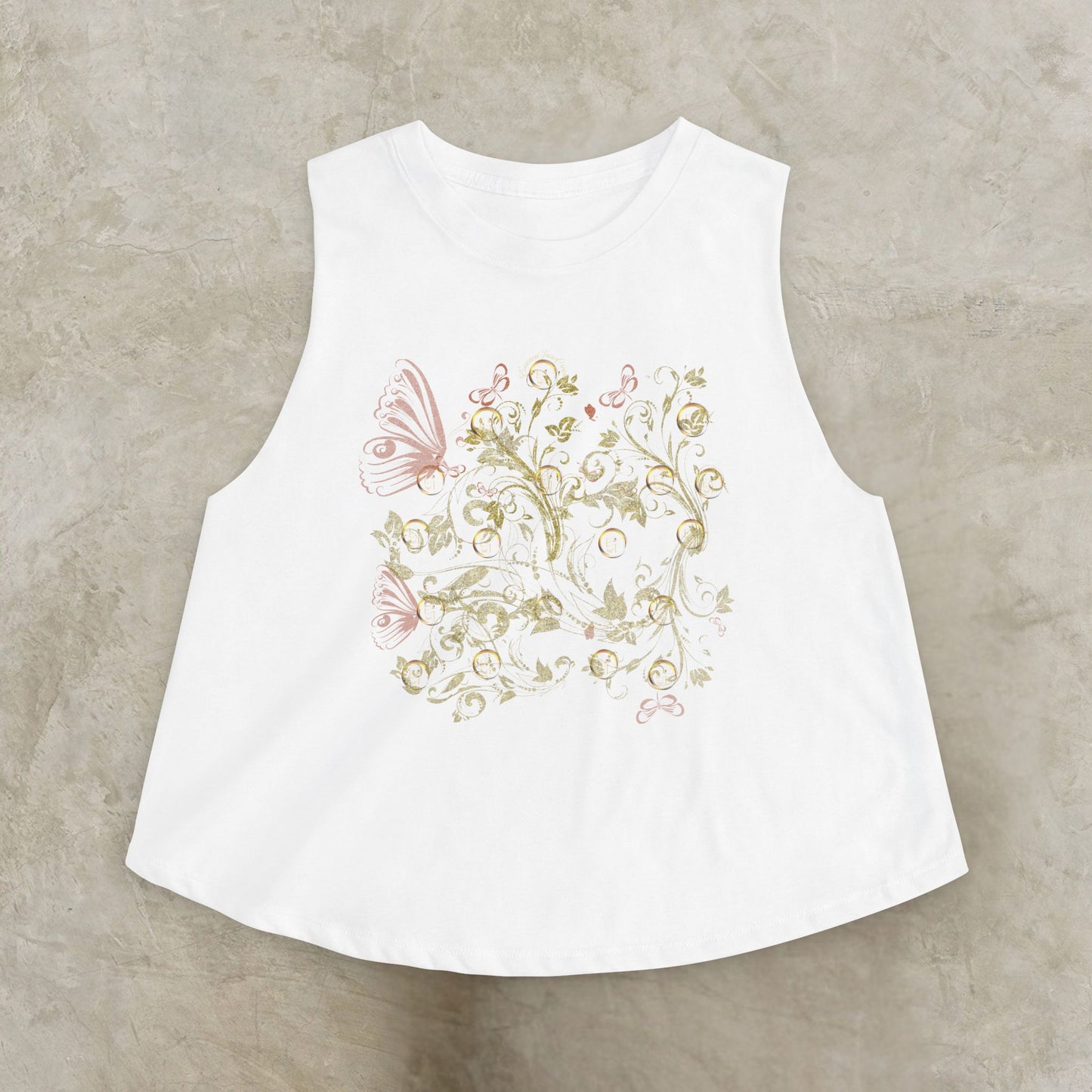 White sleeveless top with Essence Innovation Bohemian butterfly floral design on a beige background