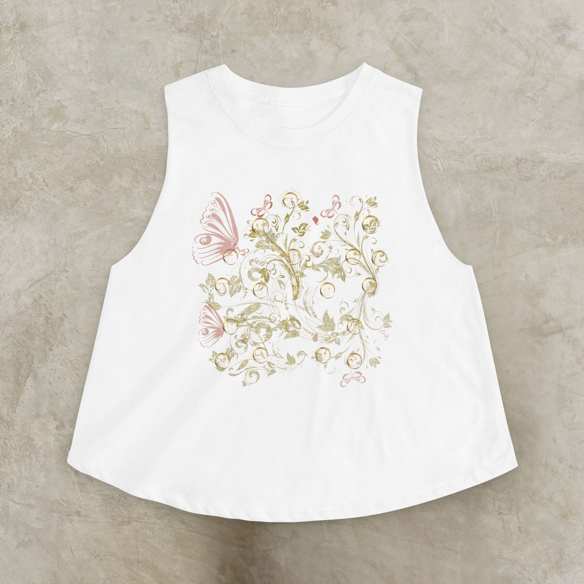 White sleeveless top with Essence Innovation Bohemian butterfly floral design on a beige background