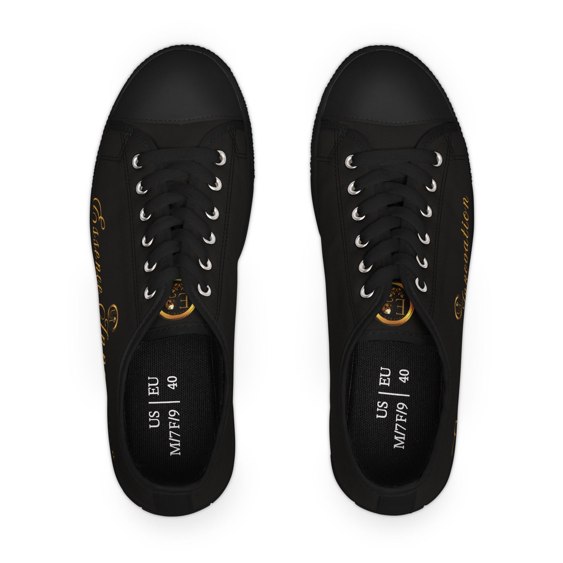 Black Essence Innovation sneakers with gold accents on a white background