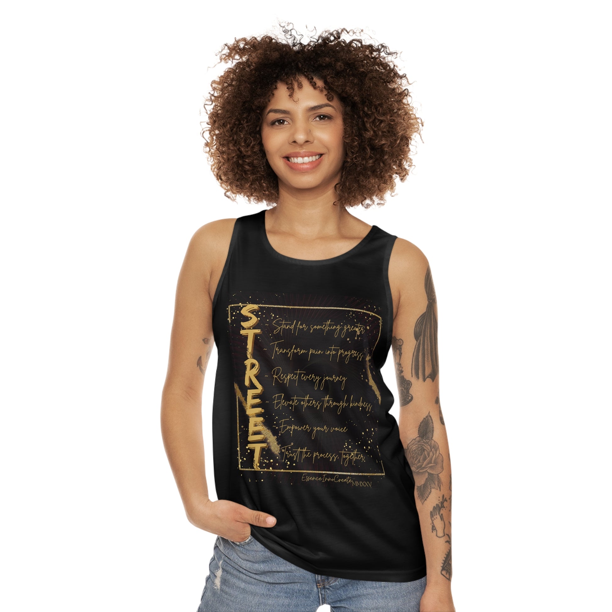 Woman wearing a black EssenceInnoCreate tank top with gold text design on a white background