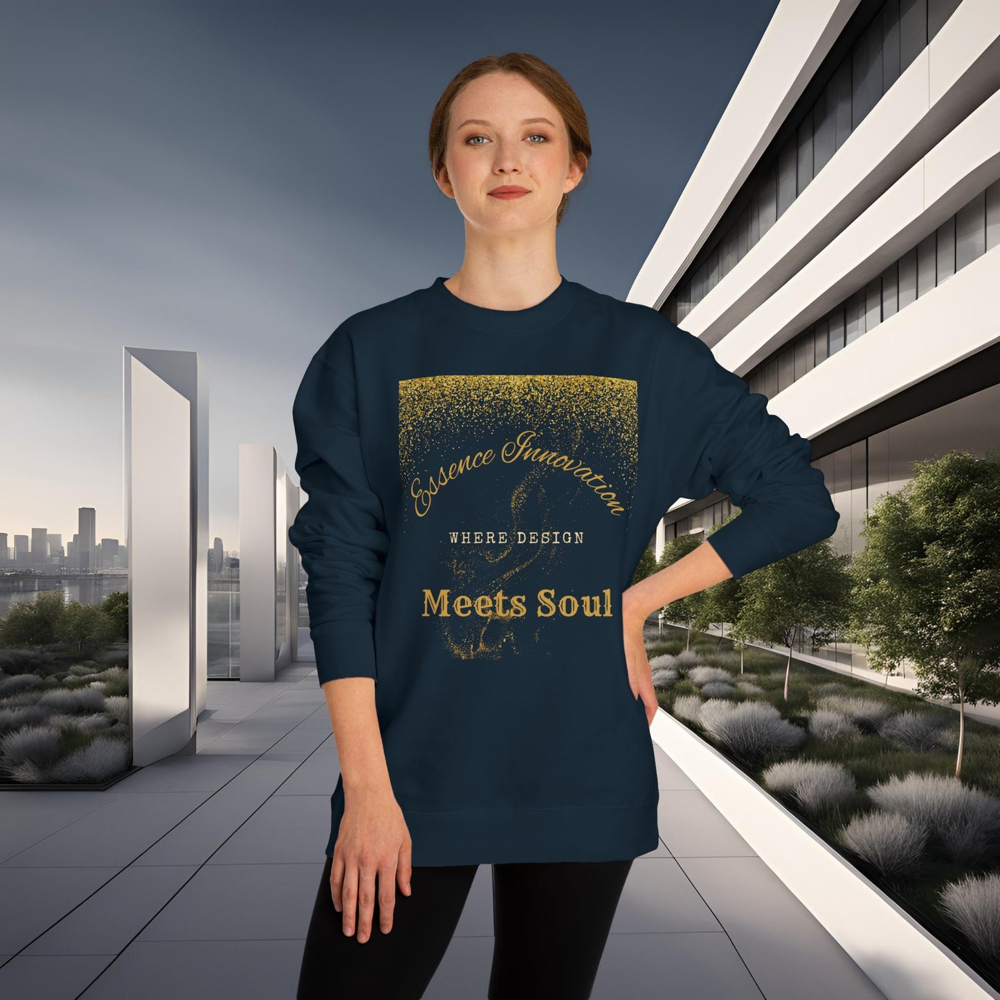 Woman wearing a navy blue sweatshirt with gold Essence Innovation 'Design Meets Soul' text in an urban setting