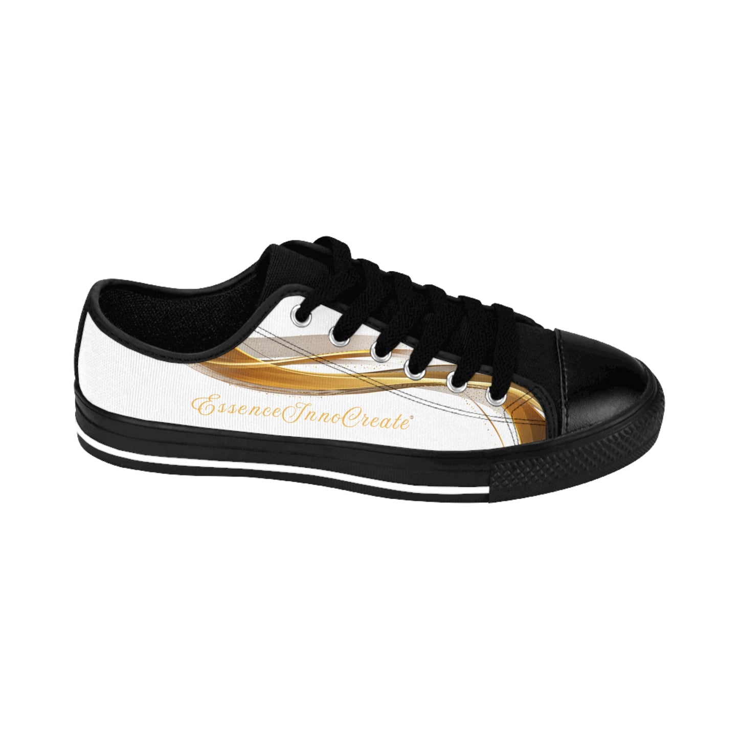 Black and white 'EssenceInnoCreate' sneaker with gold design on a white background