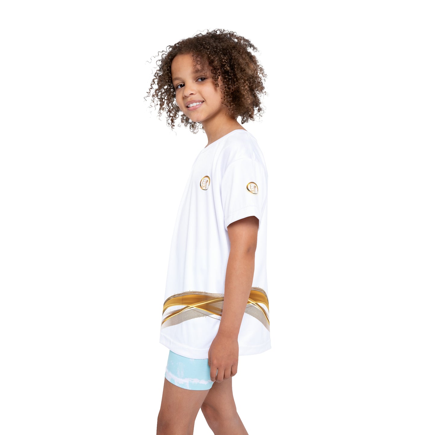 Child wearing a white sports outfit with gold accents on a white background