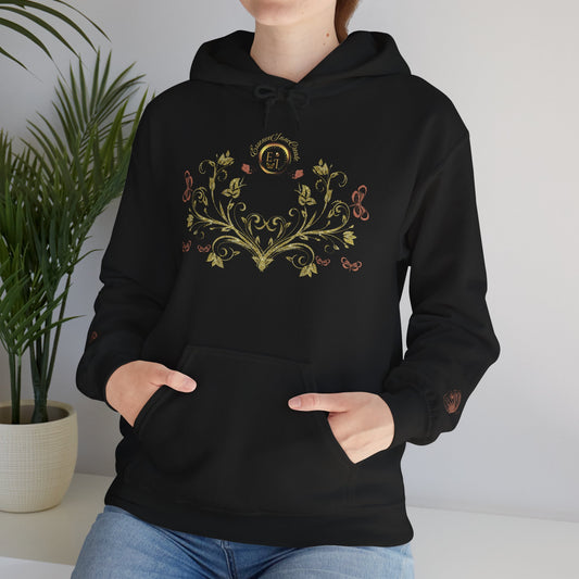 Bohemian Butterfly Crest Hoodie | Gold Floral Vine Pullover | Black, White and Navy