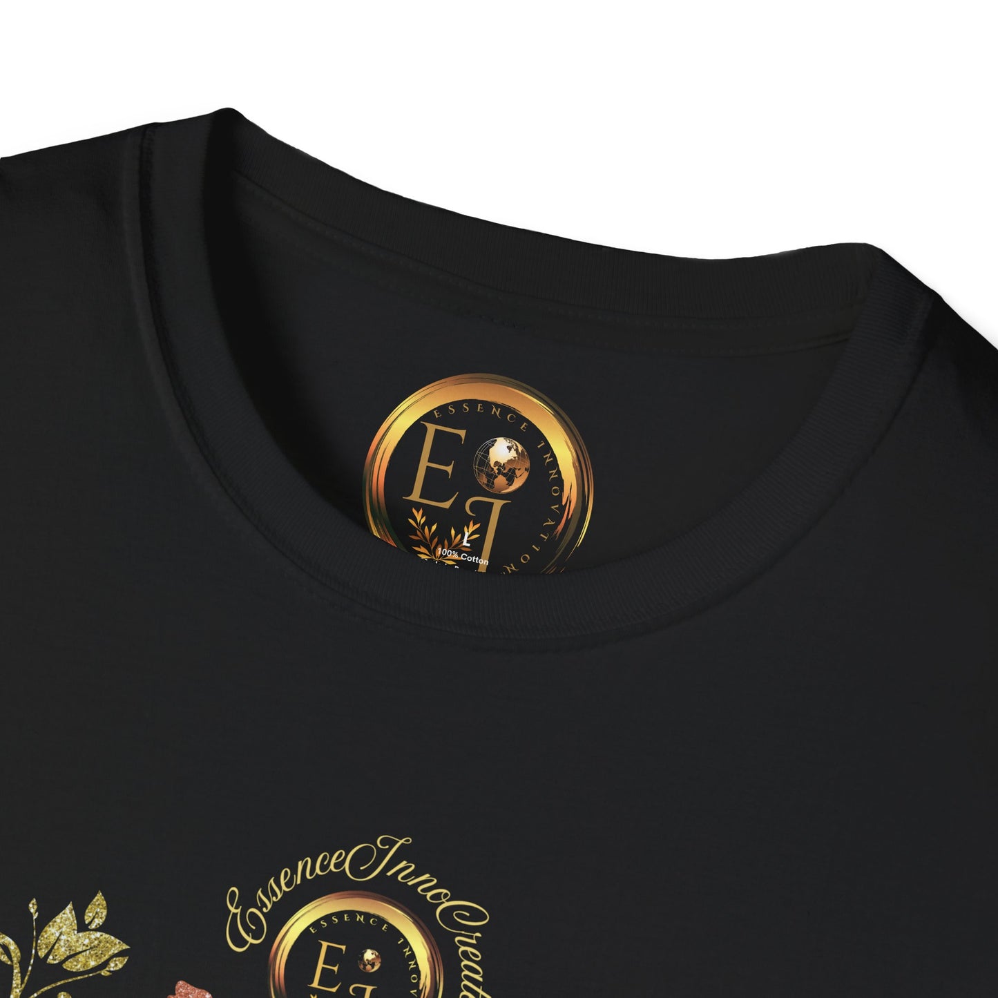 Black t-shirt with gold Essence Innovation logo and text on a white background