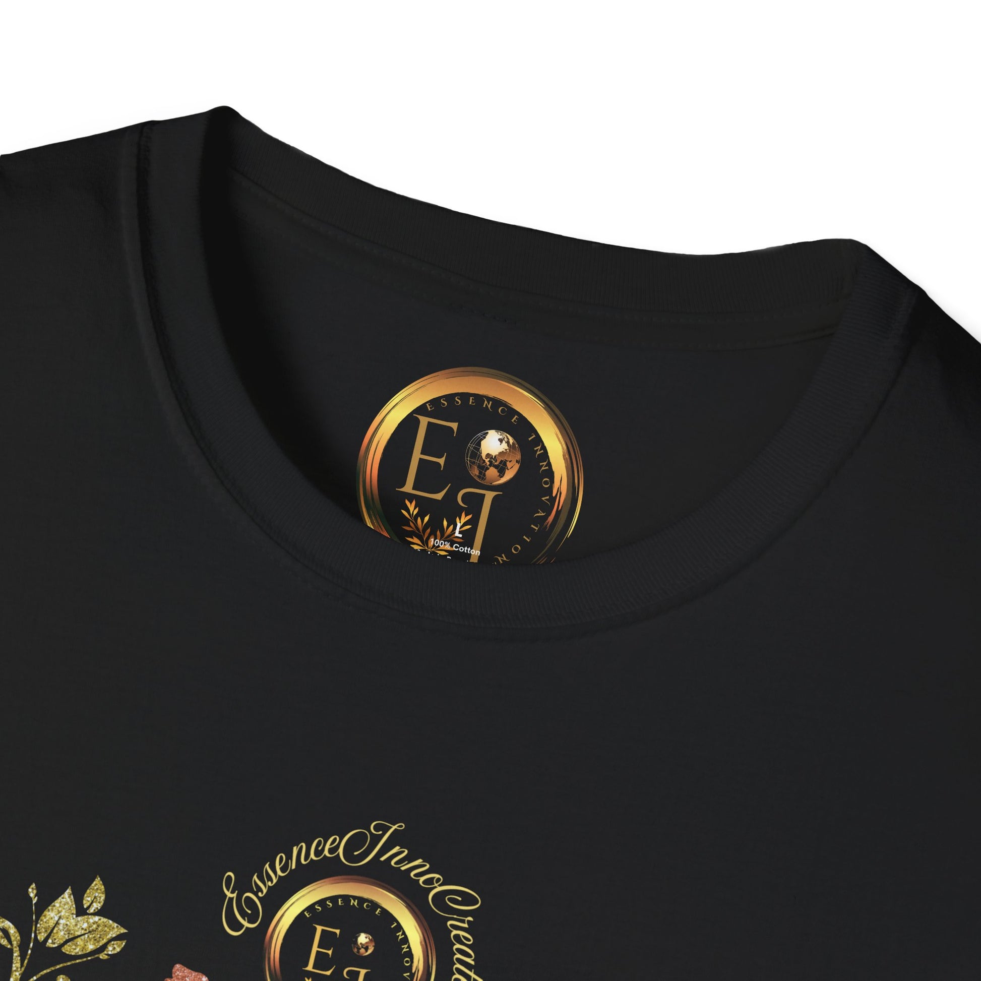 Black t-shirt with gold Essence Innovation logo and text on a white background