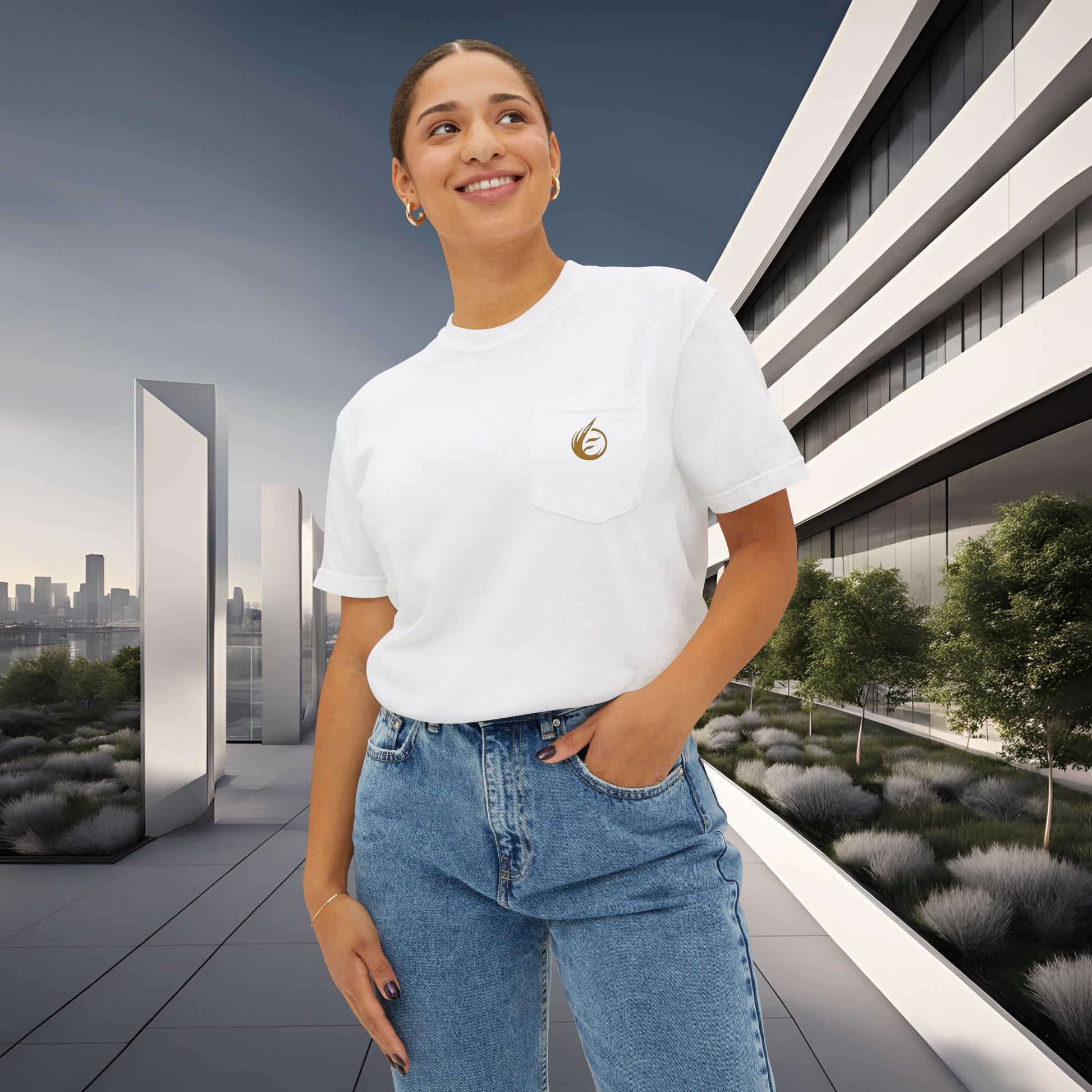 Woman wearing a white t-shirt with 'EssenceInnoCreate' logo in an urban setting