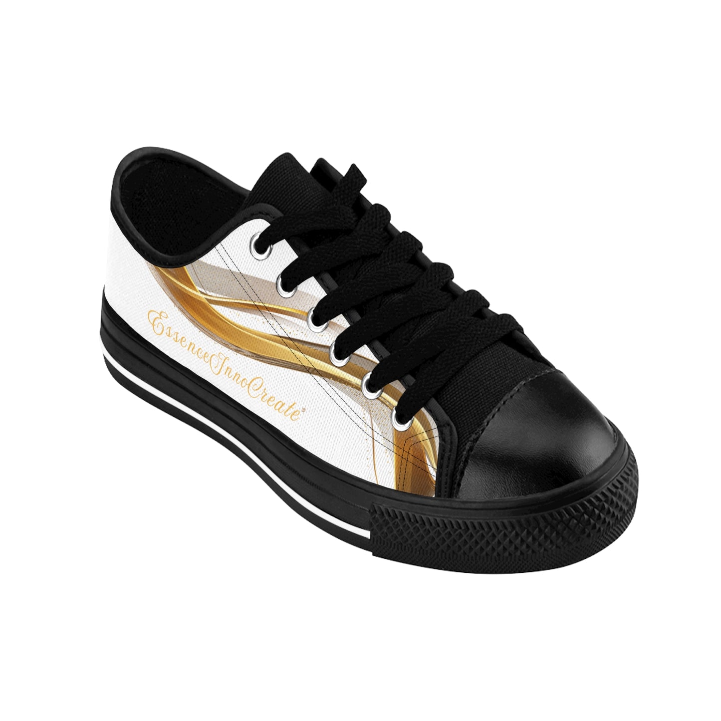 Black 'EssenceInnoCreate' sneaker with gold and white design on a white background