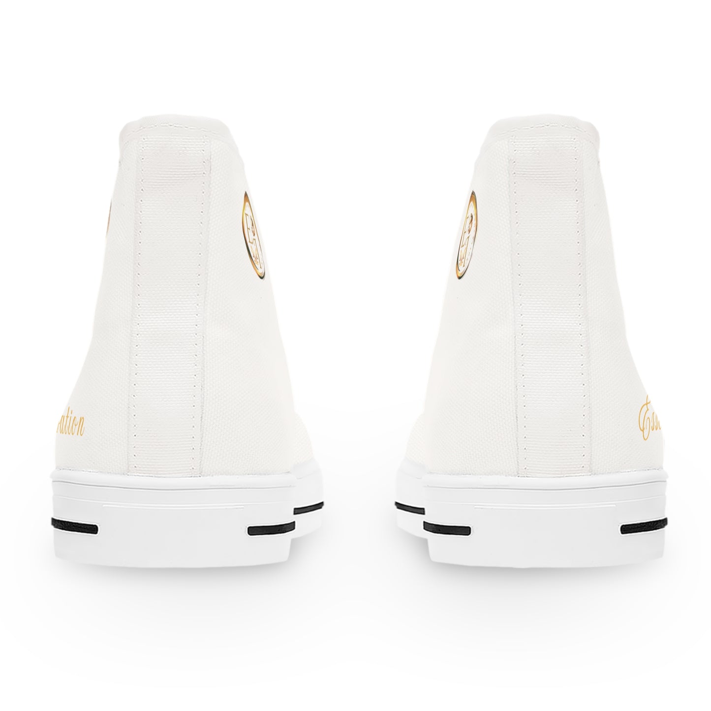 White 'Essence Innovation' shoes with gold accents on a white background