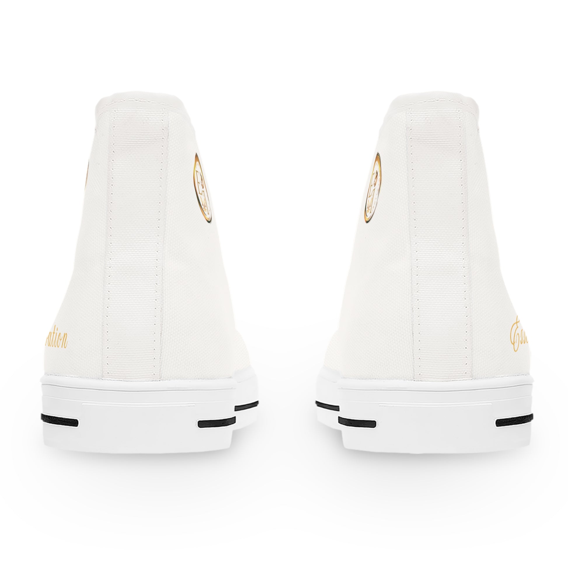 White 'Essence Innovation' shoes with gold accents on a white background