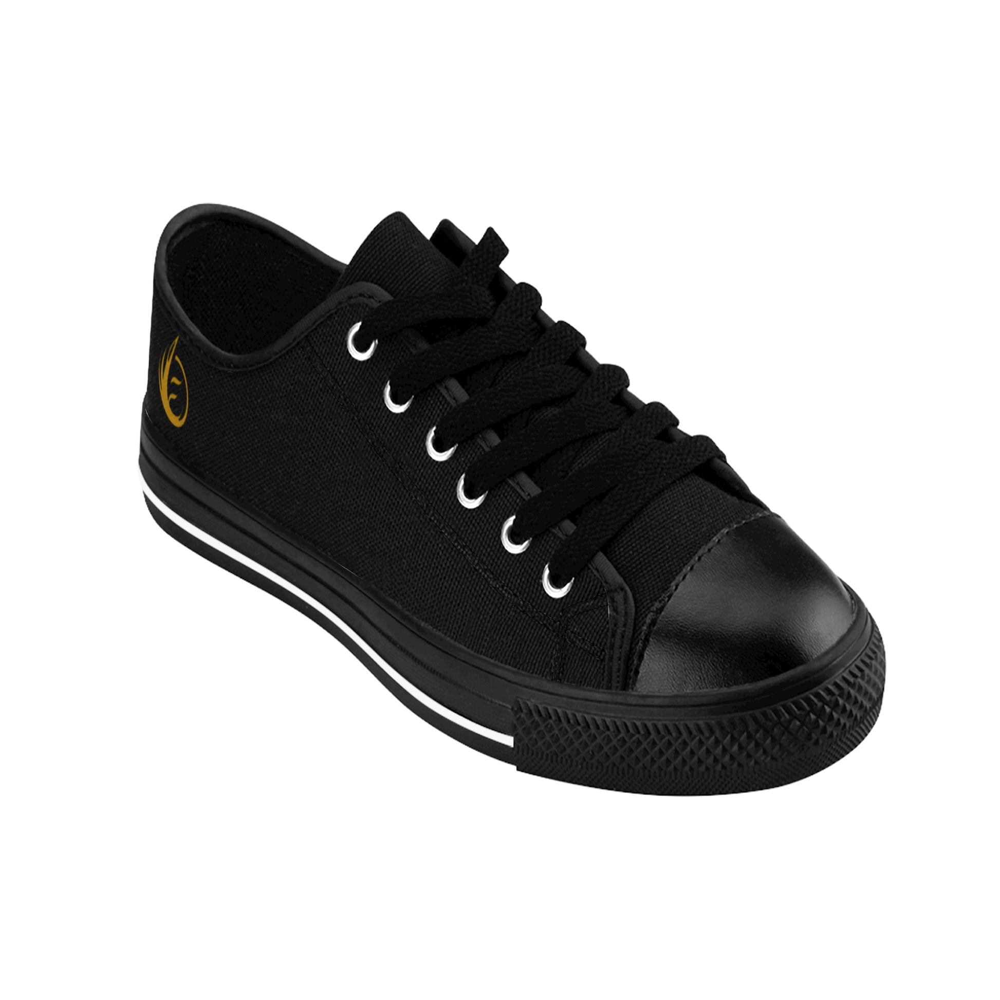 Black sneaker with a yellow EssenceInnoCreate logo on a white background