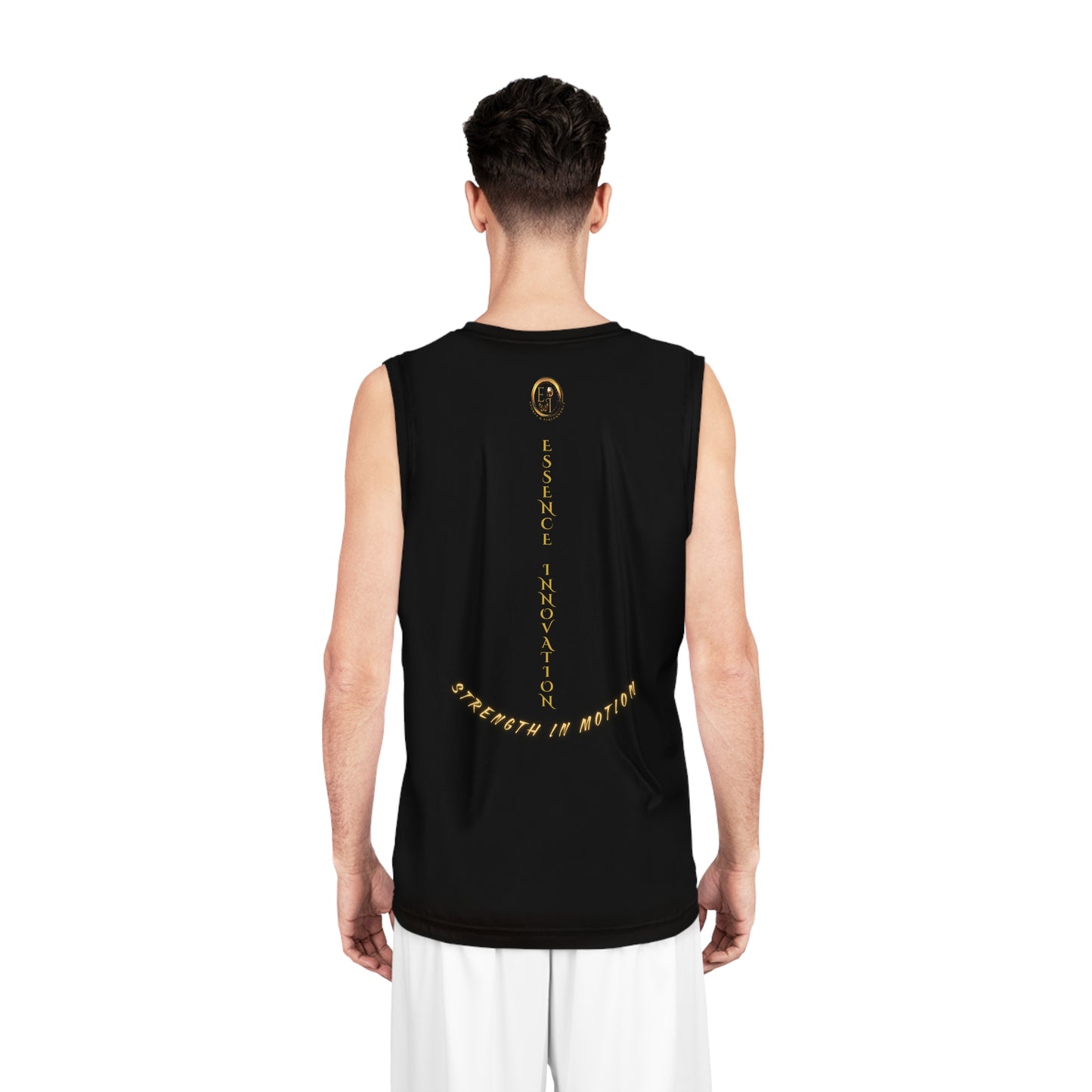 Person wearing a black sleeveless shirt on a white background