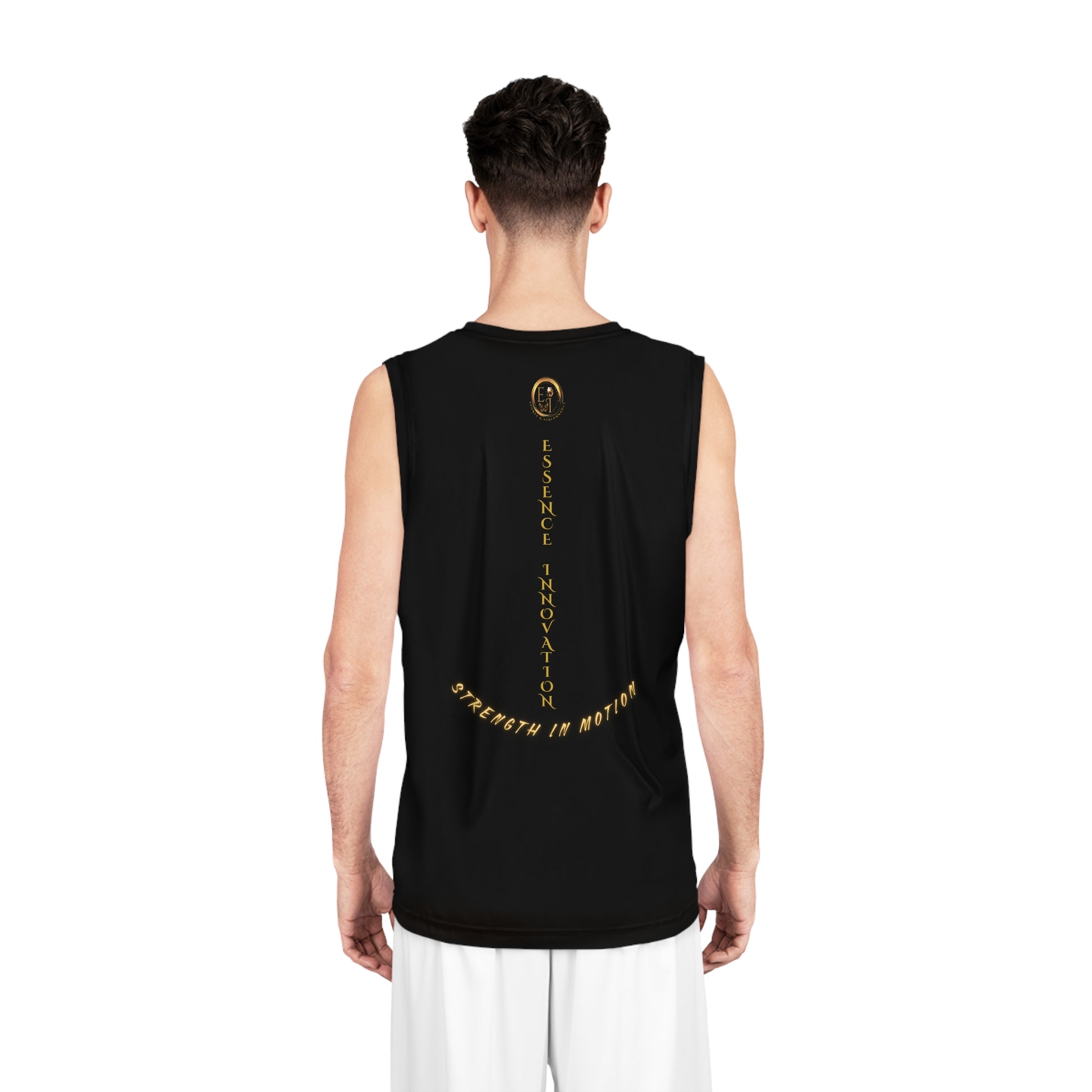 Person wearing a black sleeveless shirt on a white background