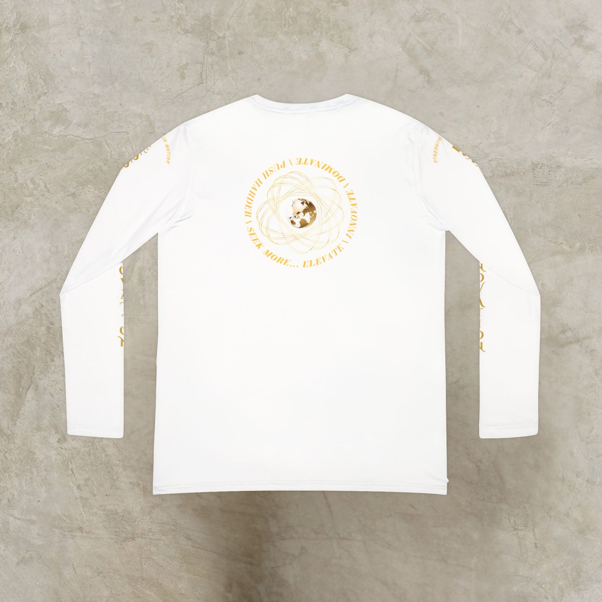 White long-sleeve Essence Innovation Seek More shirt with gold design on a gray concrete surface