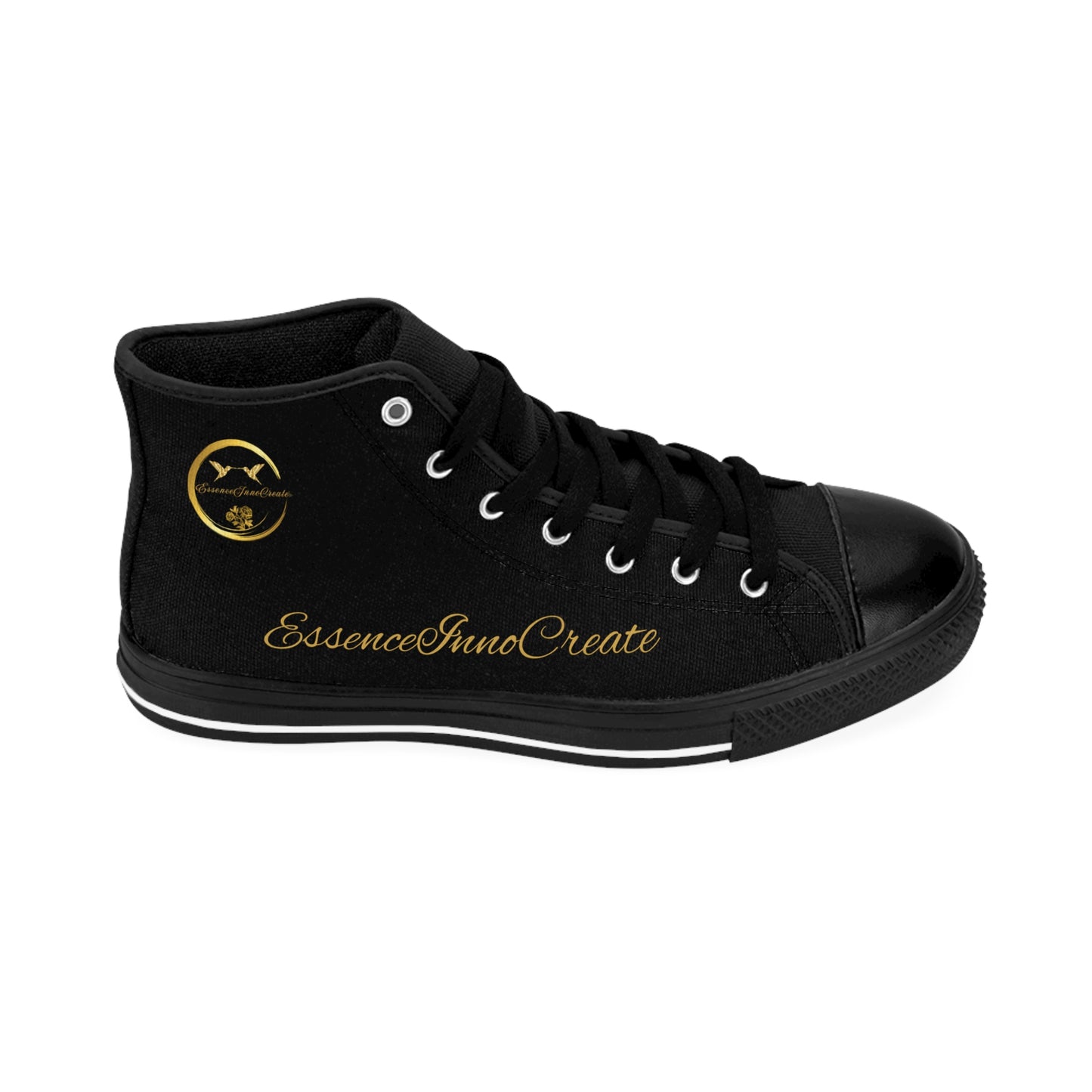Black high-top 'EssenceInnoCreate' sneaker with gold text on a white background