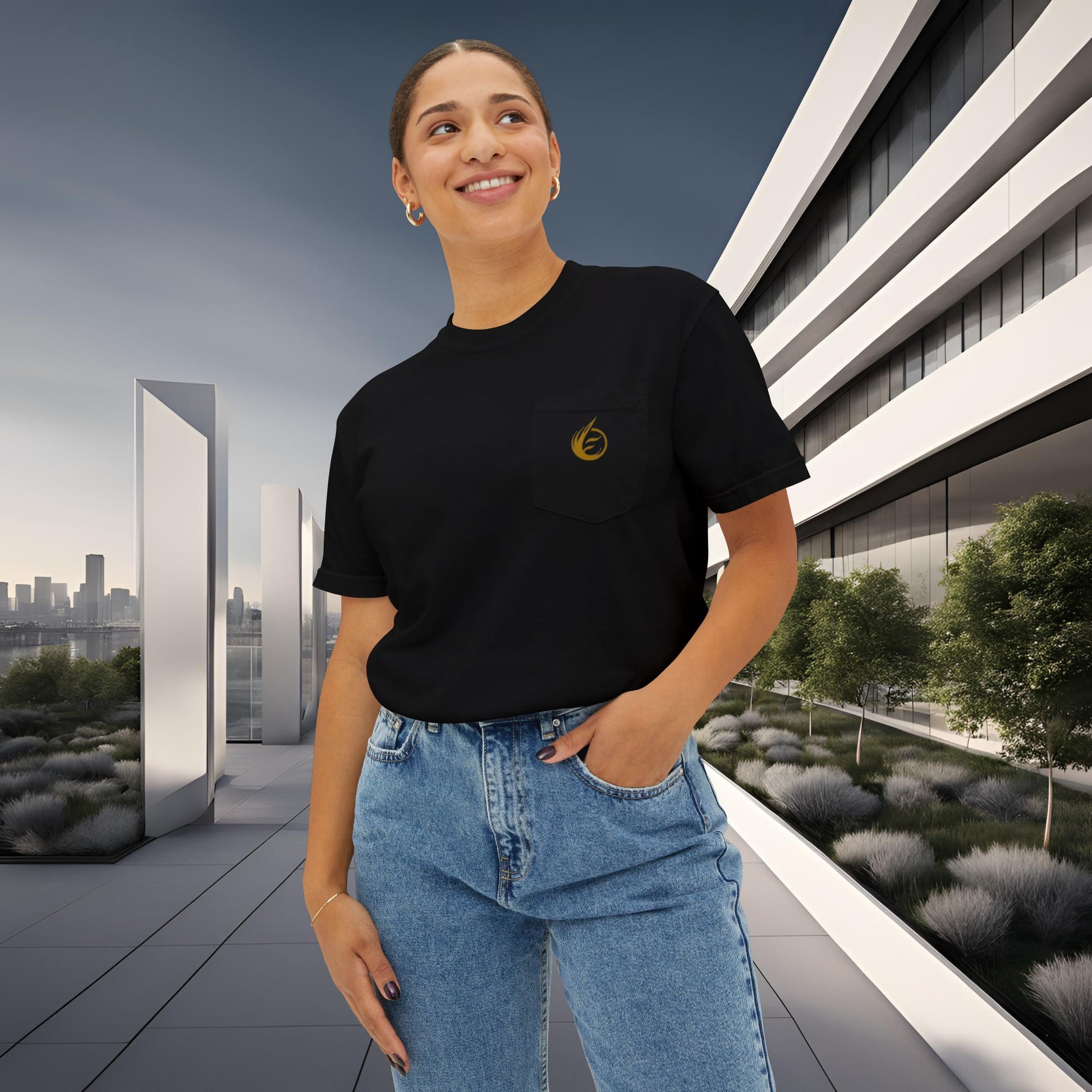 Person wearing a black t-shirt with 'EssenceInnoCreate' logo in an urban setting