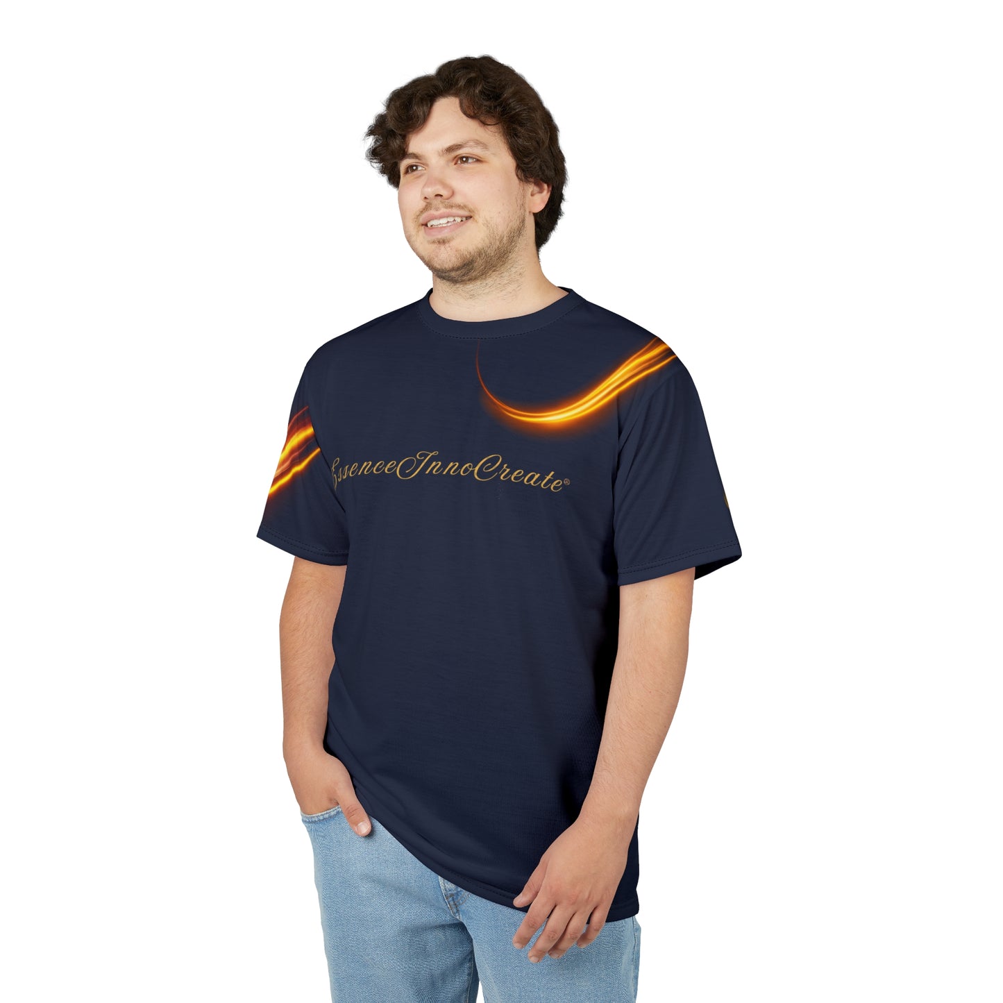 Man wearing a navy blue t-shirt with a logo and text on a white background
