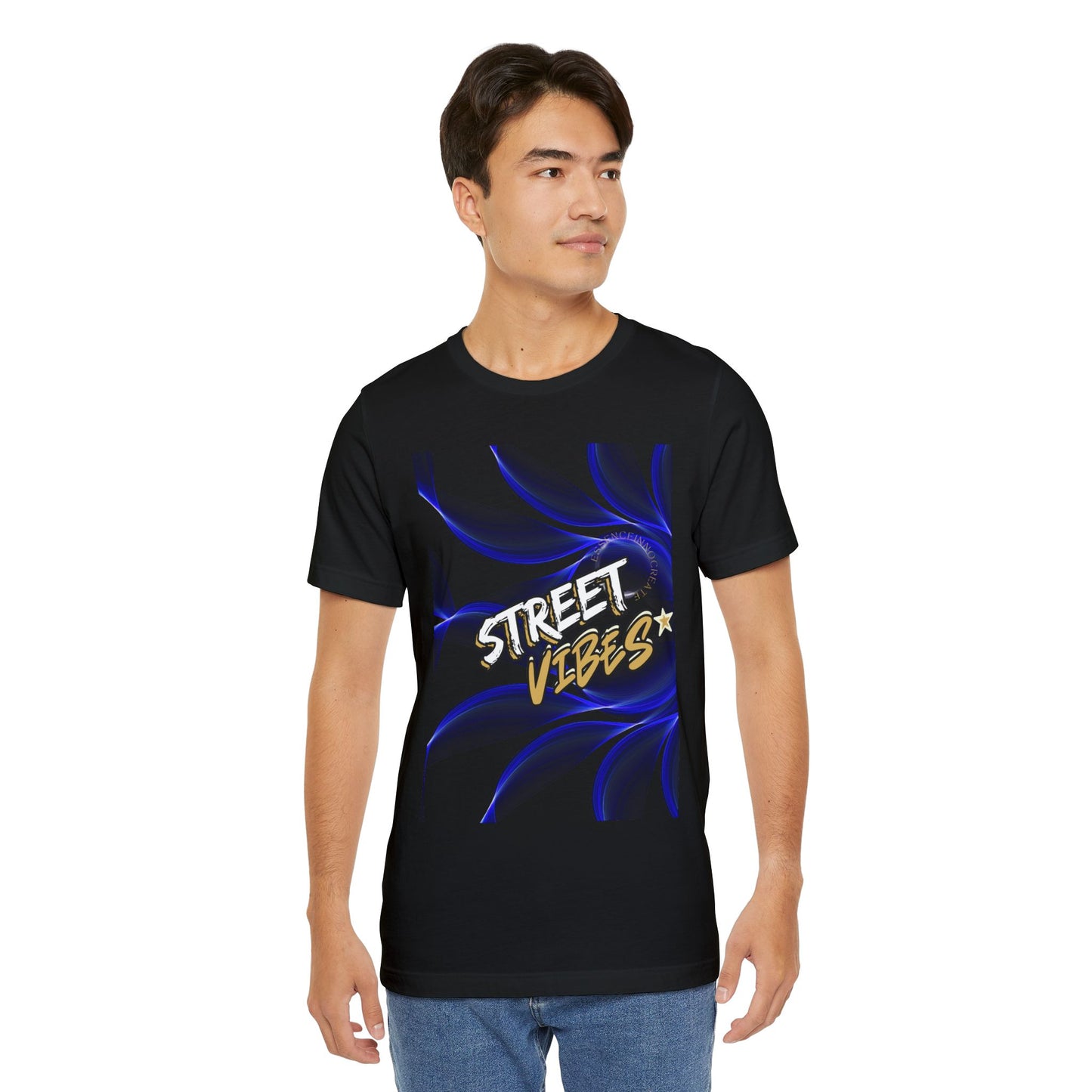 Man wearing a black EssenceInnoCreate t-shirt with 'Street Vibes' design on a white background