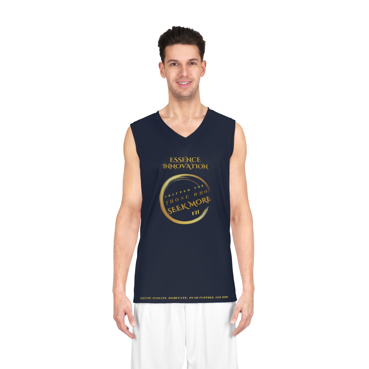 Man wearing a navy sleeveless shirt with gold Essence Innovation Seek More text and design on a white background