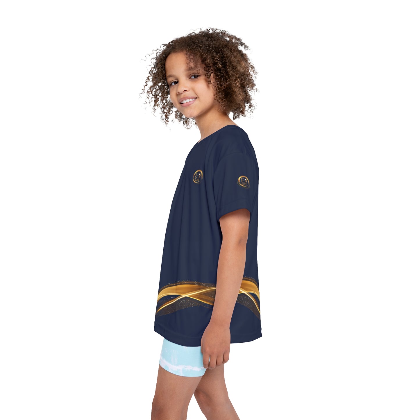 Child wearing a navy blue t-shirt with gold accents on a white background