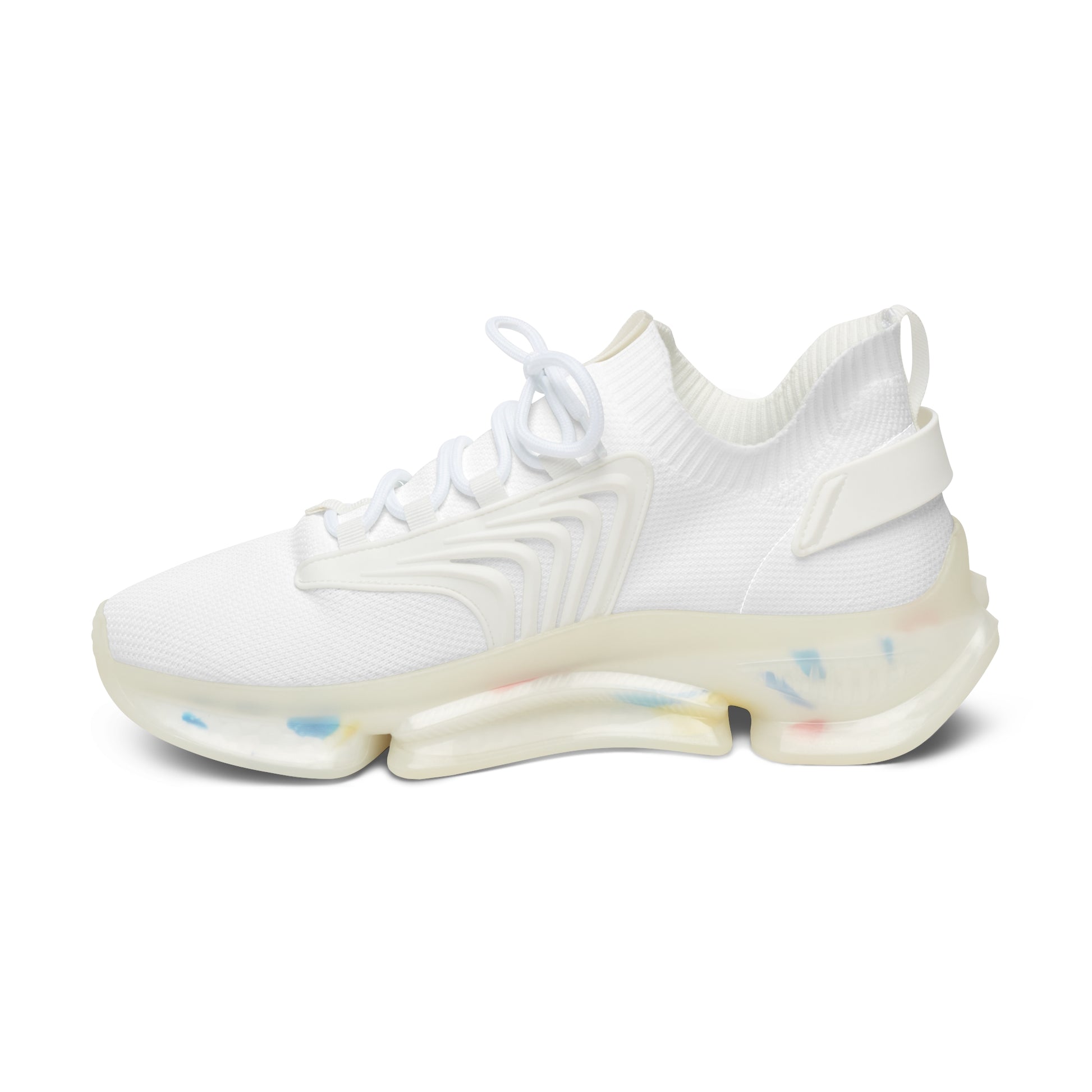 White Essence Innovation 'Street Vibes' sneaker with transparent sole on a white background