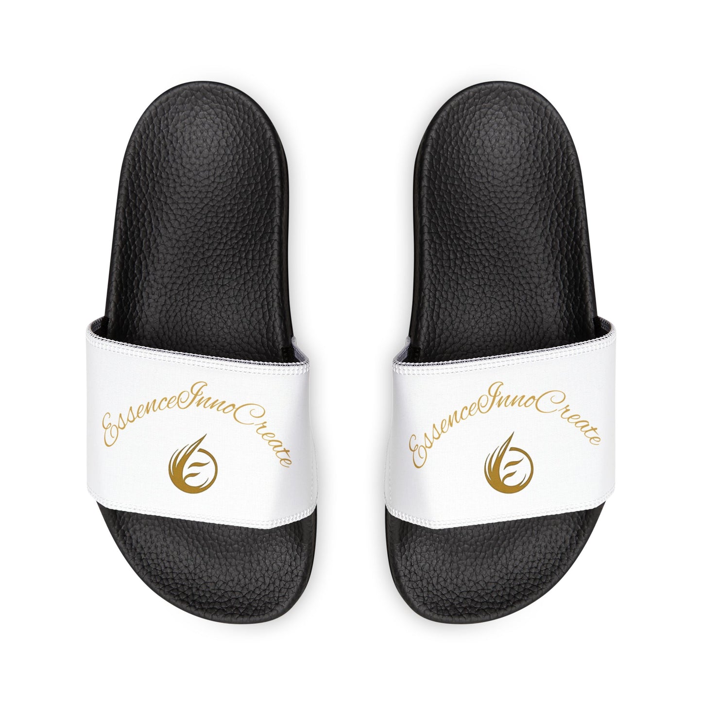 Black slides with white straps featuring 'EssenceInnovCreate' logo on a white background