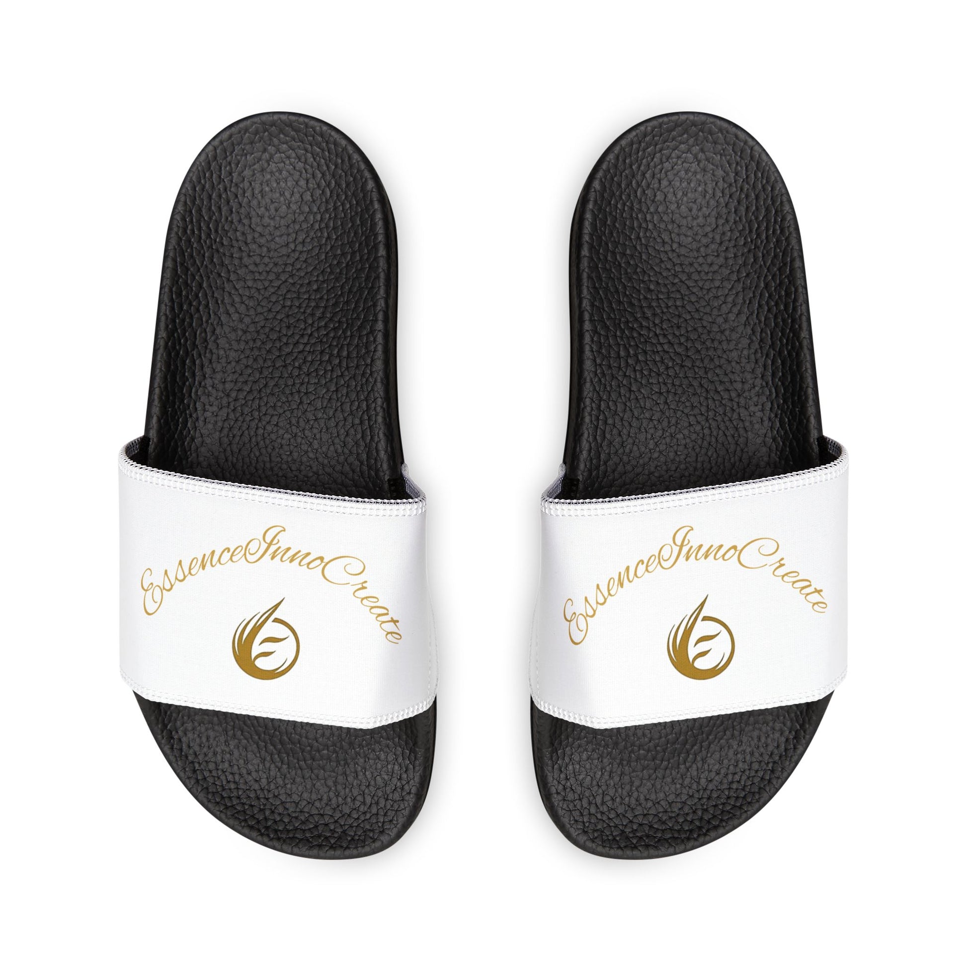 Black slides with white straps featuring 'EssenceInnovCreate' logo on a white background