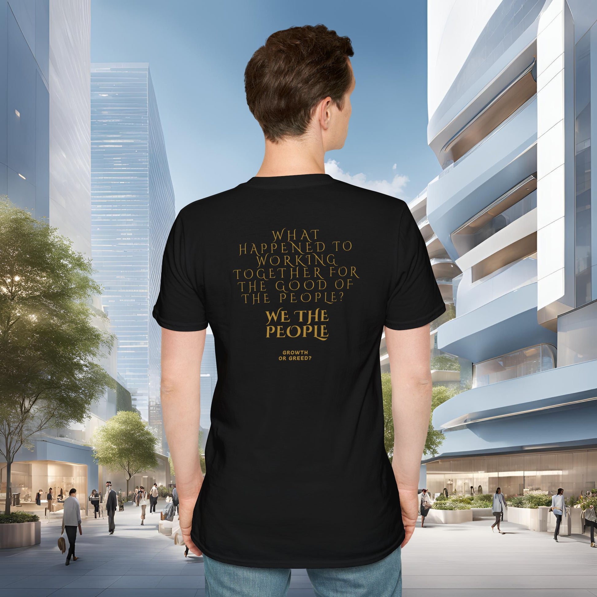 Person wearing a black EssenceInnoCreate Quiet Resolve t-shirt with text in an urban setting