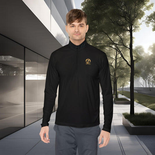 Man wearing a black Essence Innovation Seek More long-sleeve shirt with a logo in an urban setting