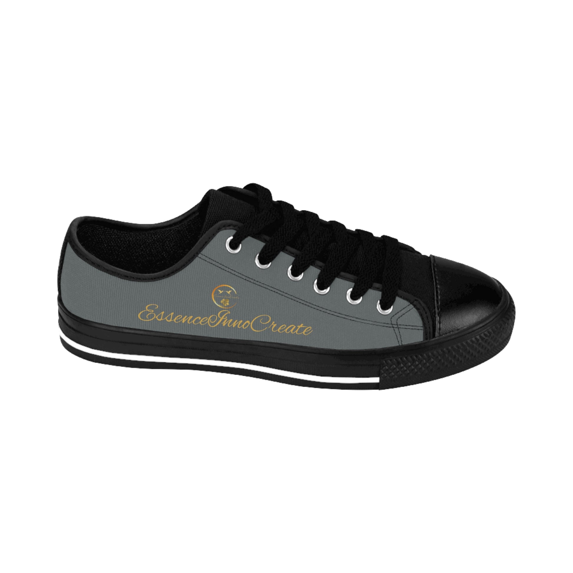 Black 'EssenceInnoCreate' sneaker with geometric pattern on a white background