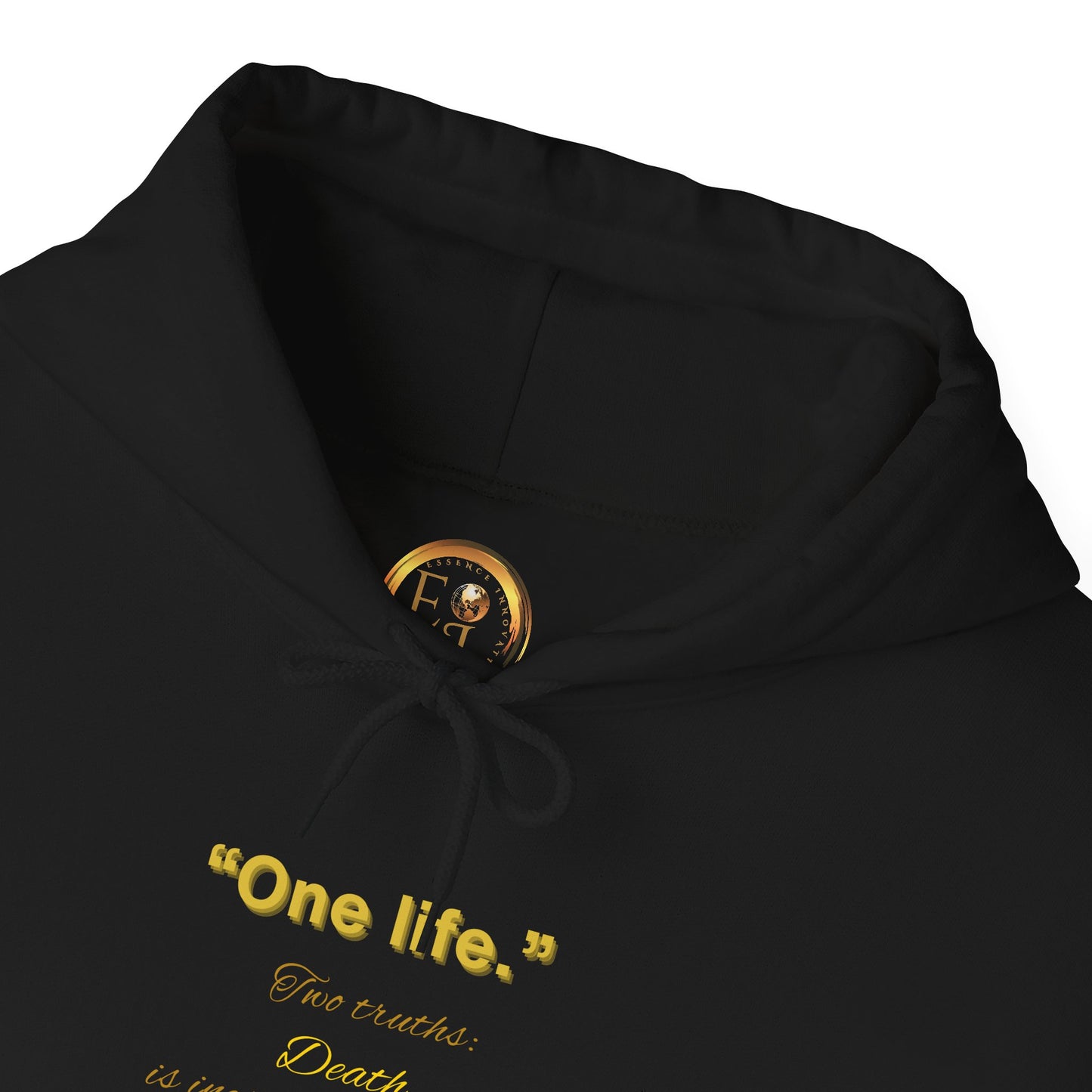 Black Essence Innovation 'One Life' hoodie with gold text and logo on a white background
