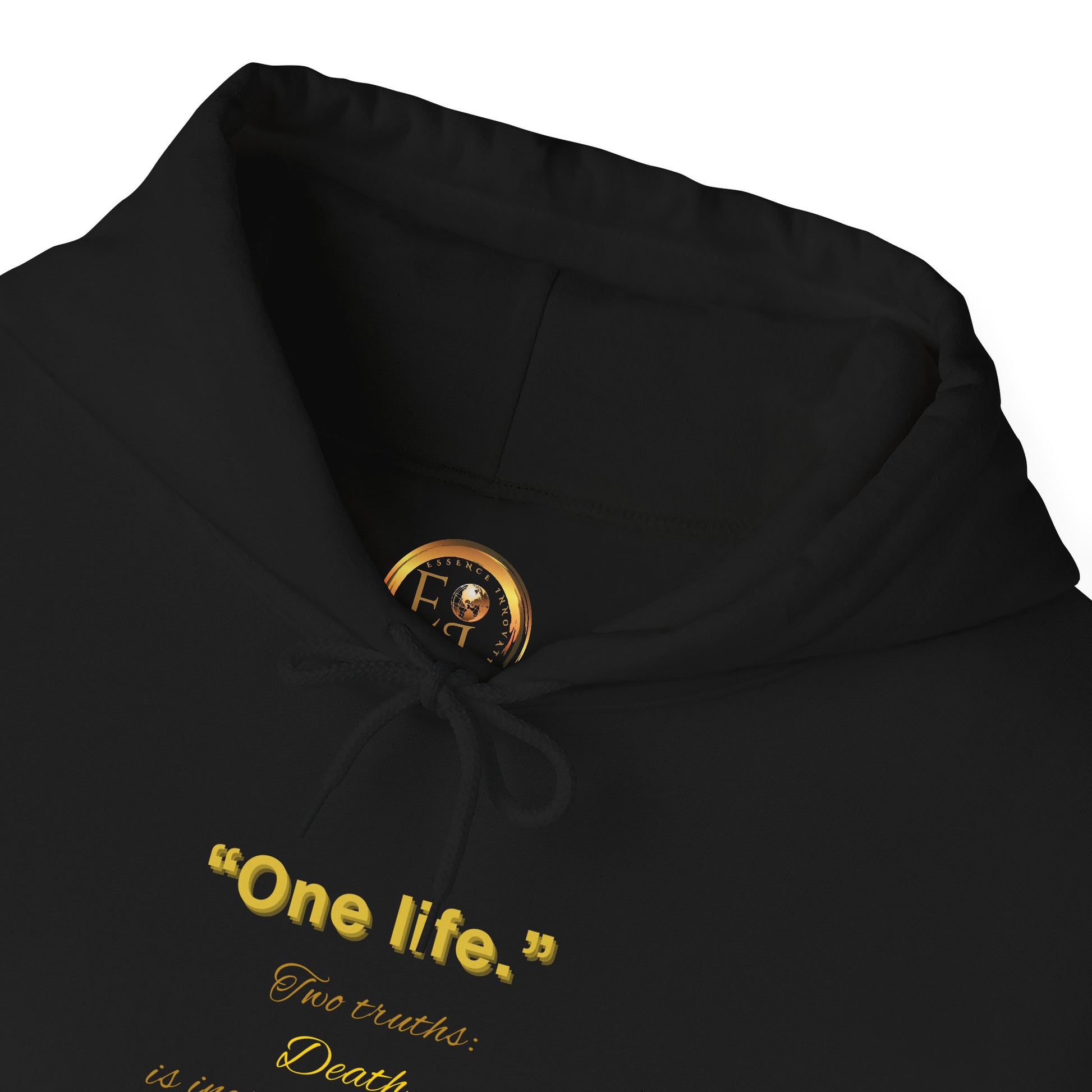 Black Essence Innovation 'One Life' hoodie with gold text and logo on a white background