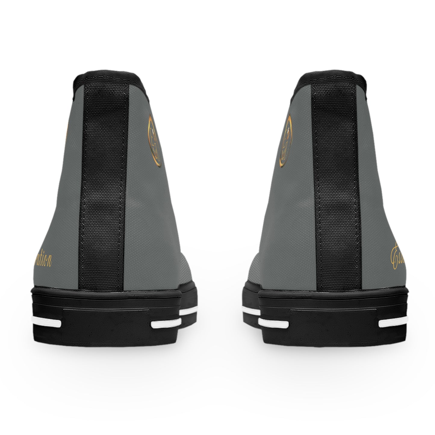 Gray and black high-top 'Essence Innovation' sneakers with white accents on a white background