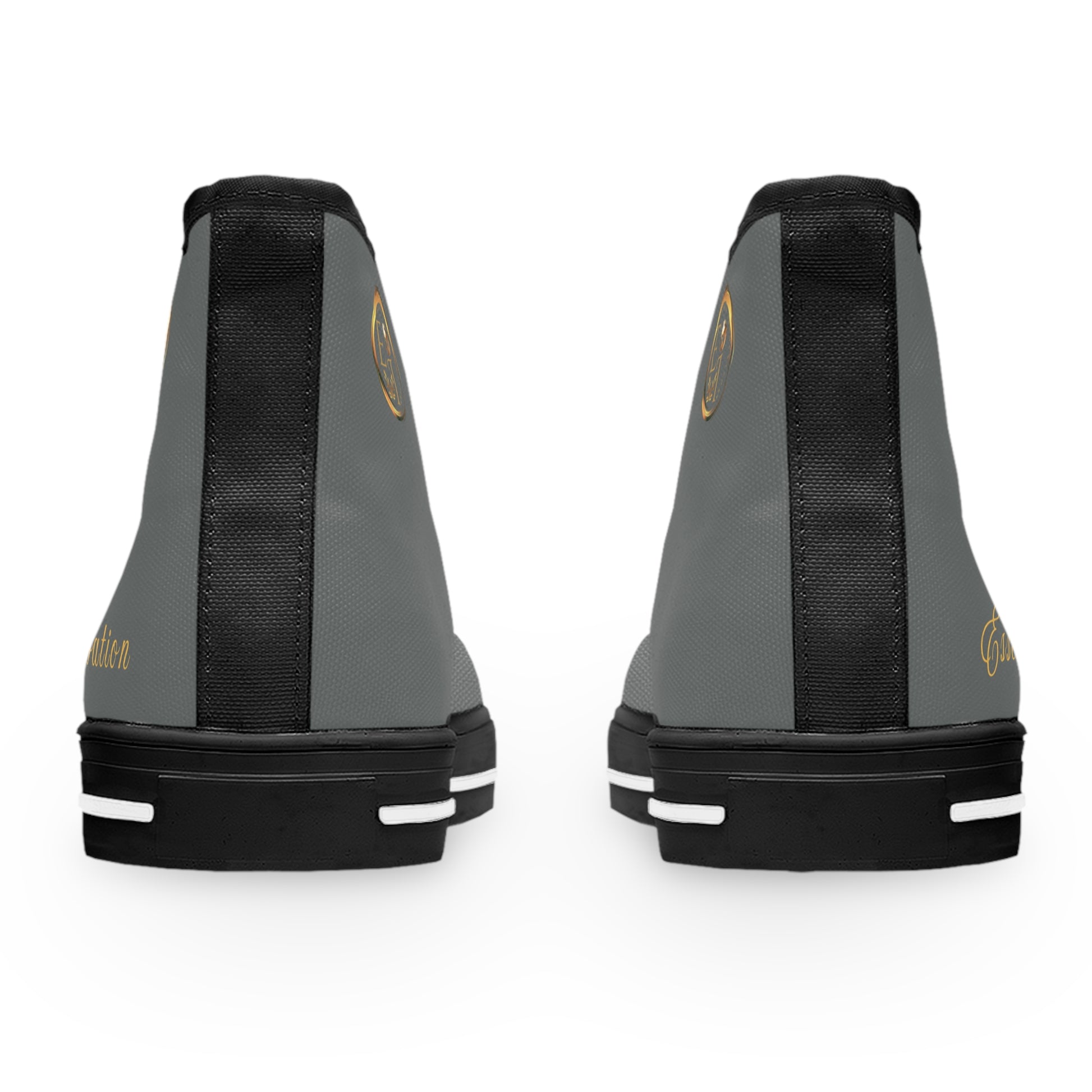 Gray and black high-top 'Essence Innovation' sneakers with white accents on a white background