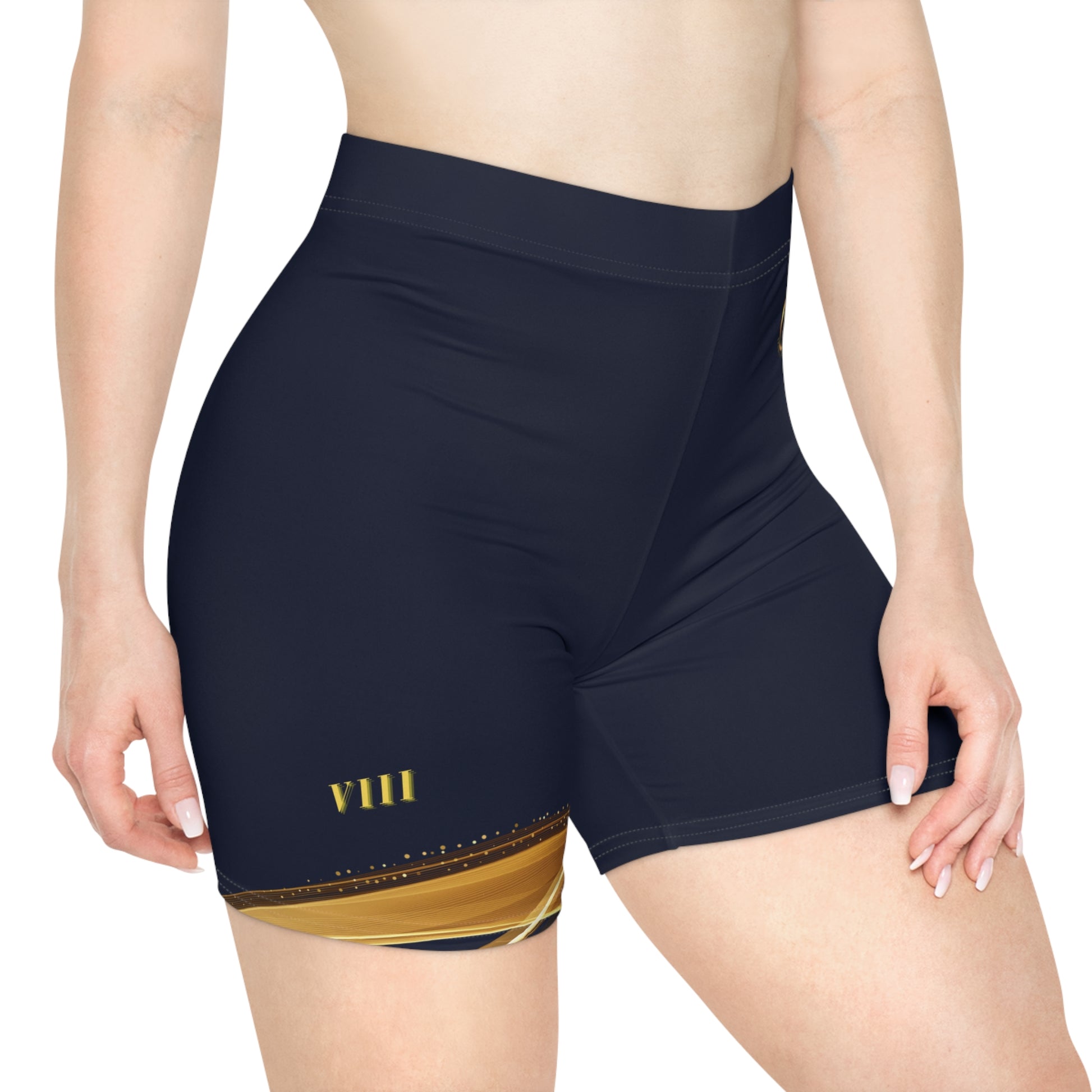 Navy blue athletic shorts with gold accents on a white background