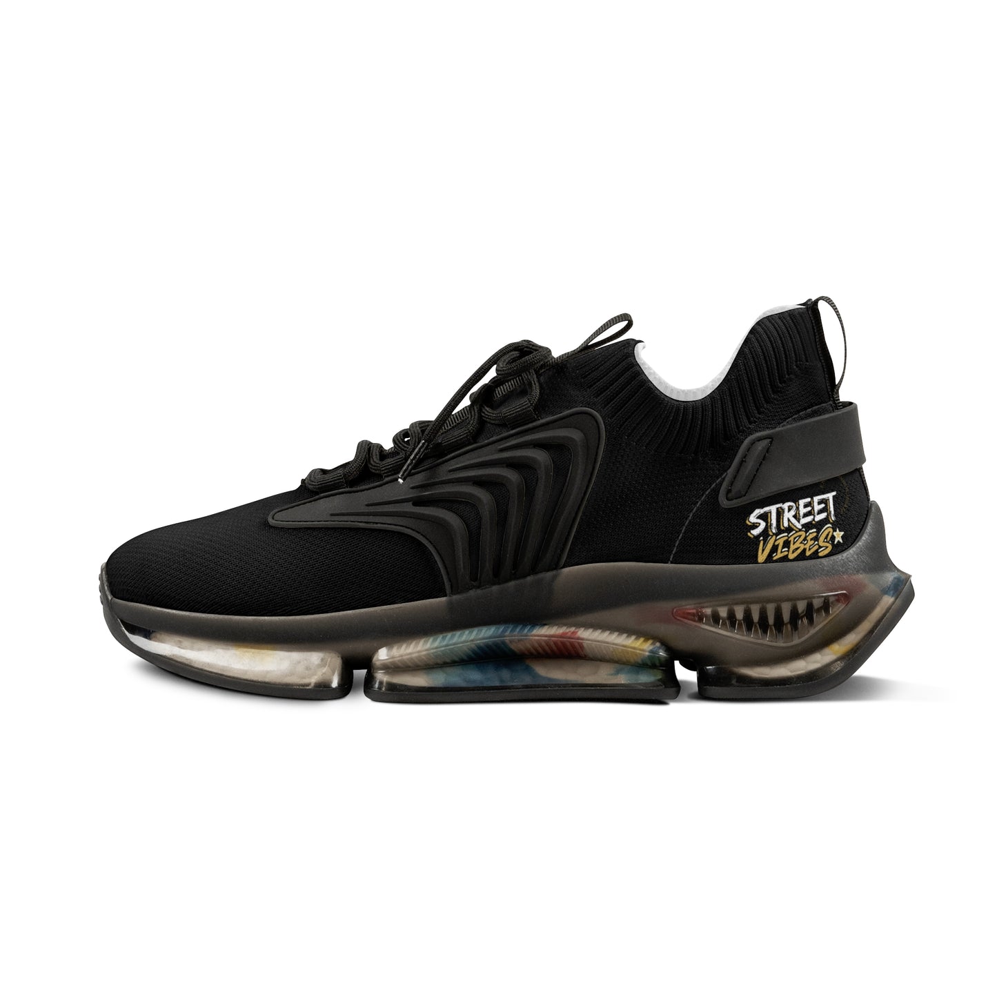 Black and yellow Essence Innovation 'Street Vibes' sneaker with unique design on a white background