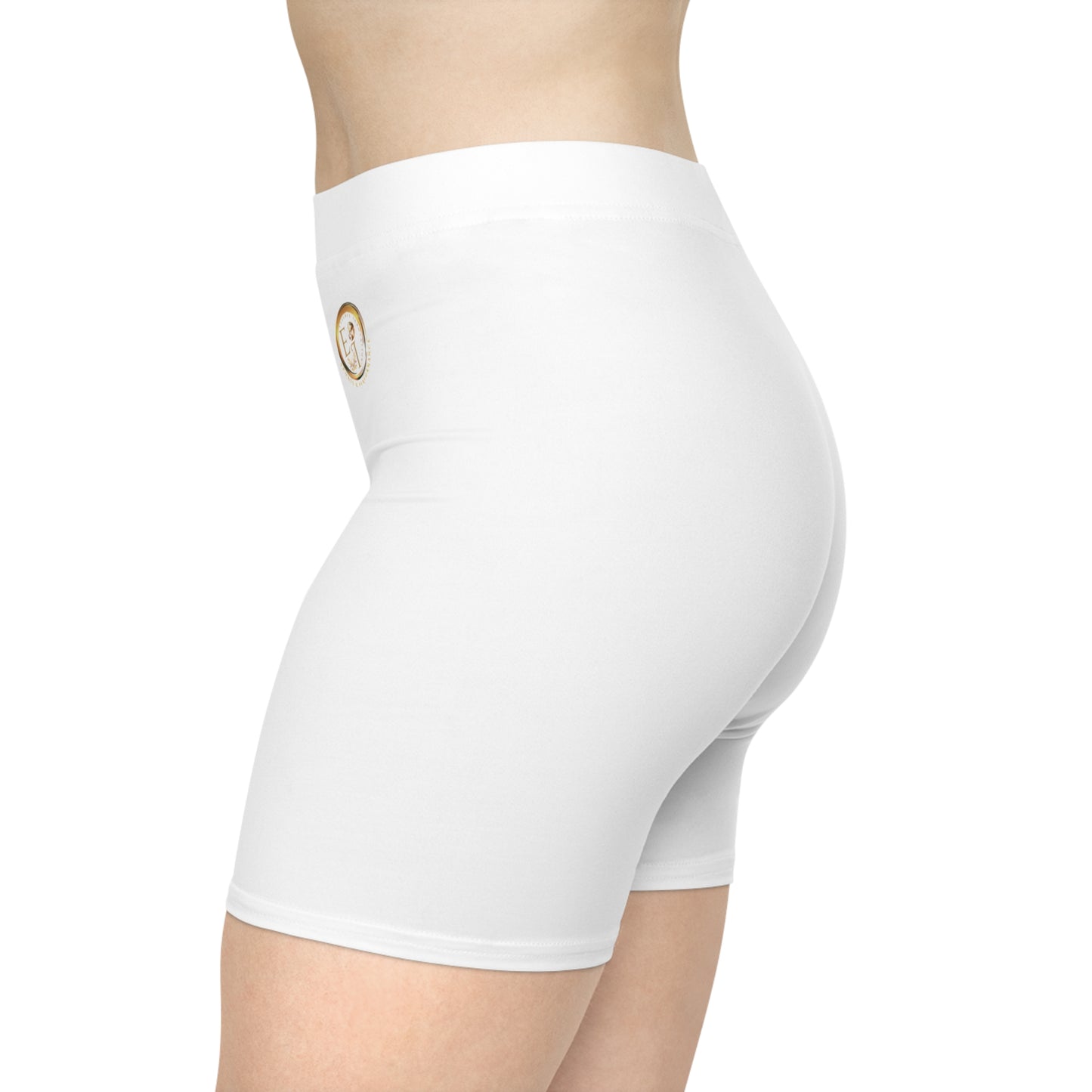 White athletic shorts with a brand logo on a white background