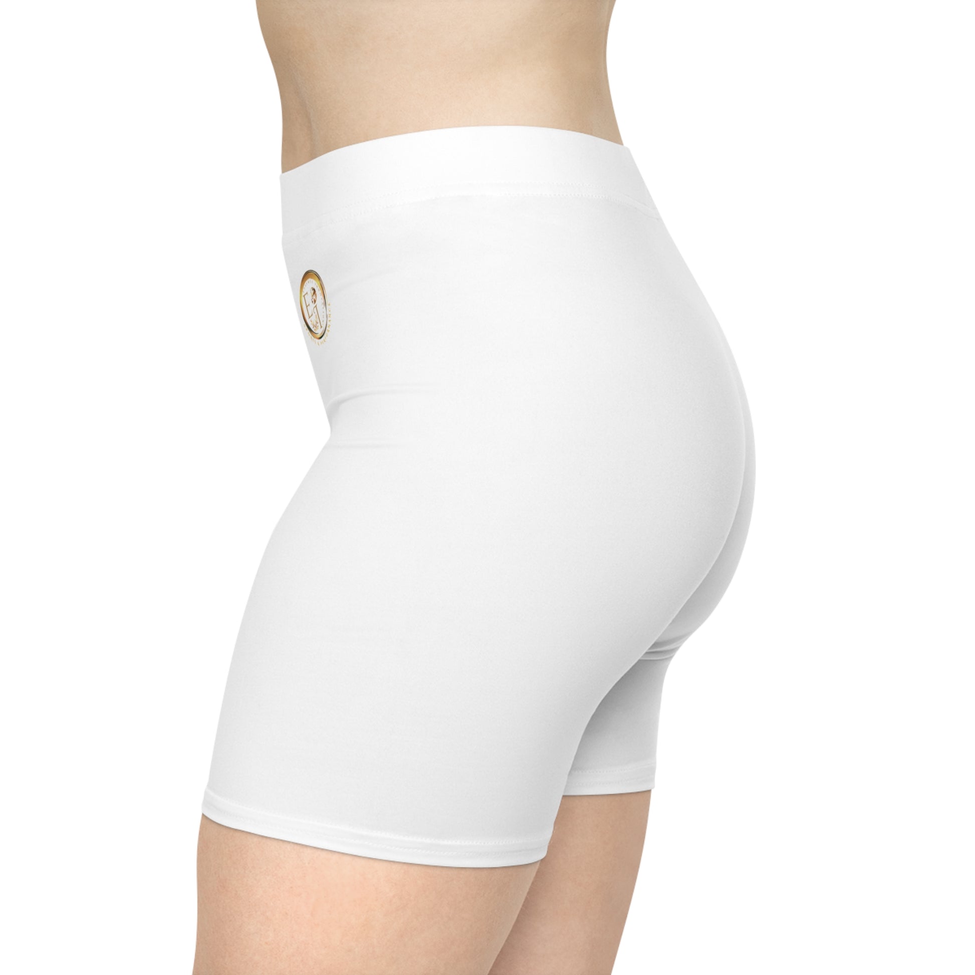 White athletic shorts with a brand logo on a white background
