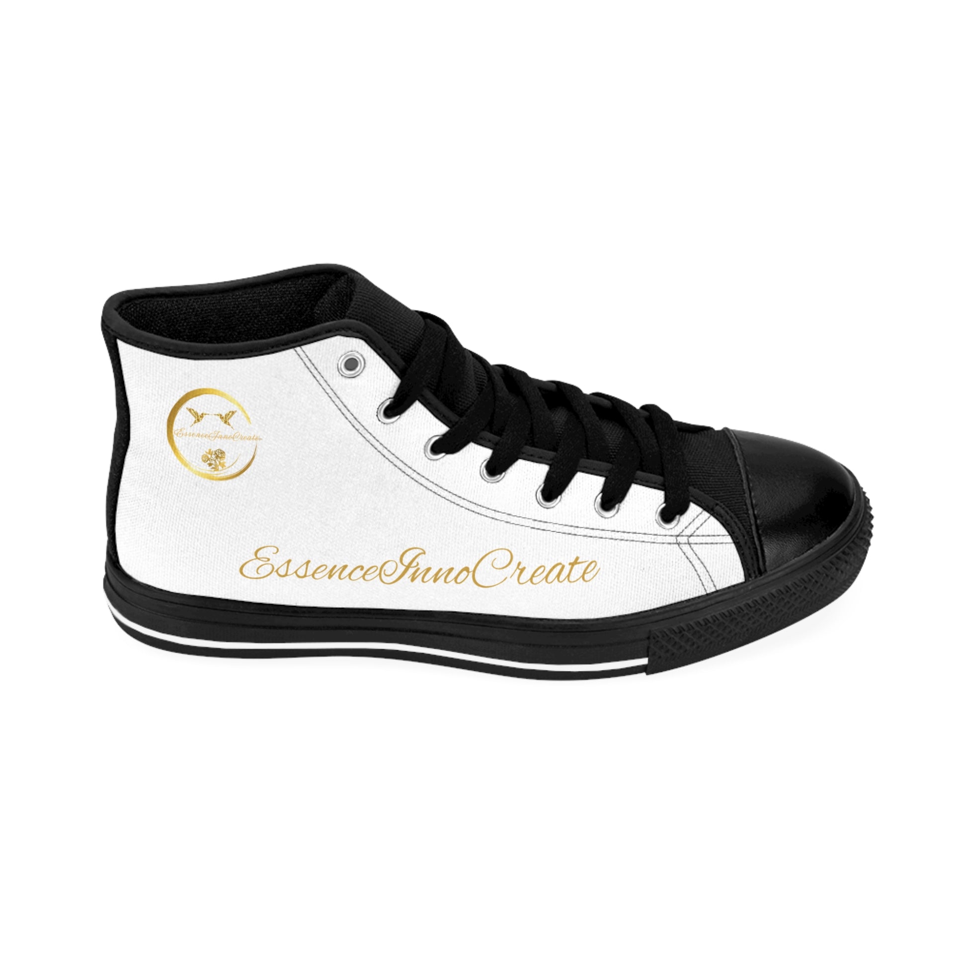 Black high-top sneaker with white sole and 'EssenceInnoCreate' branding on a white background