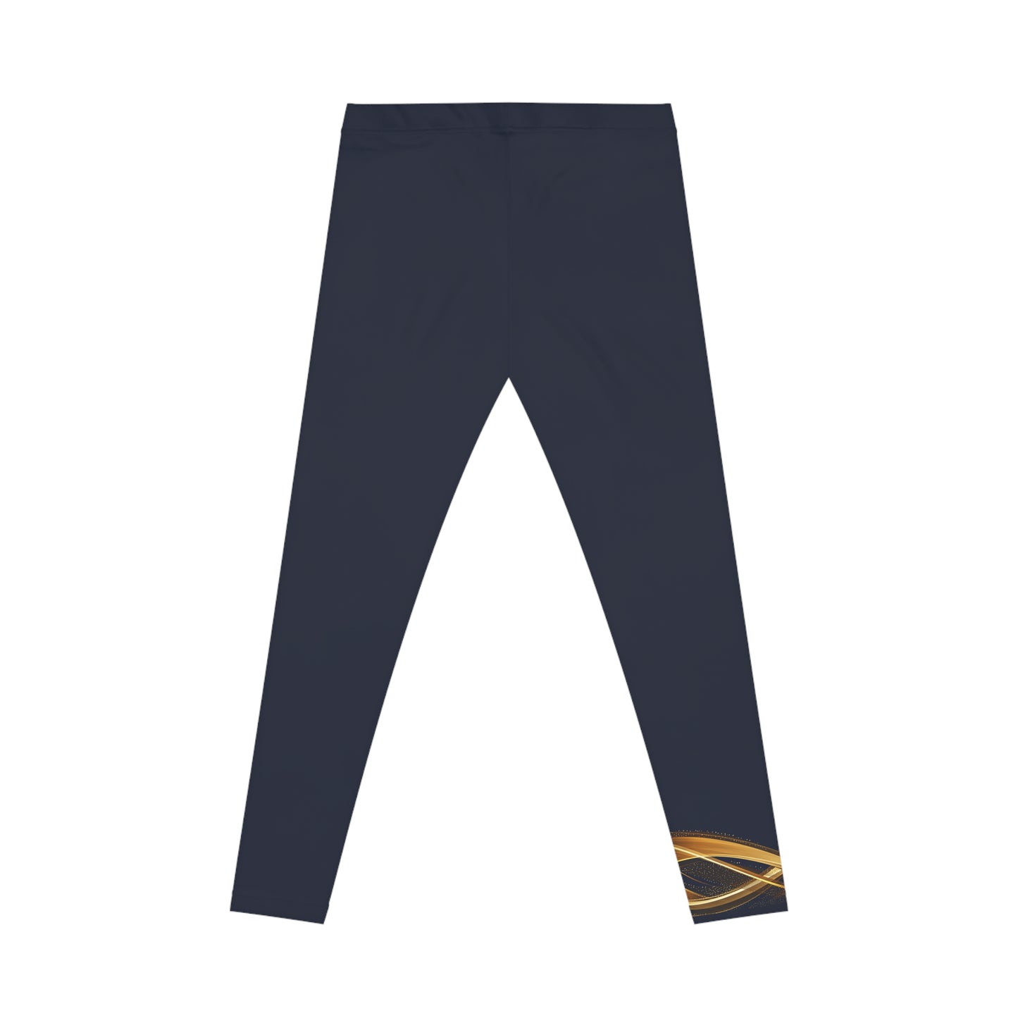 Navy leggings with a gold and white design on a white background