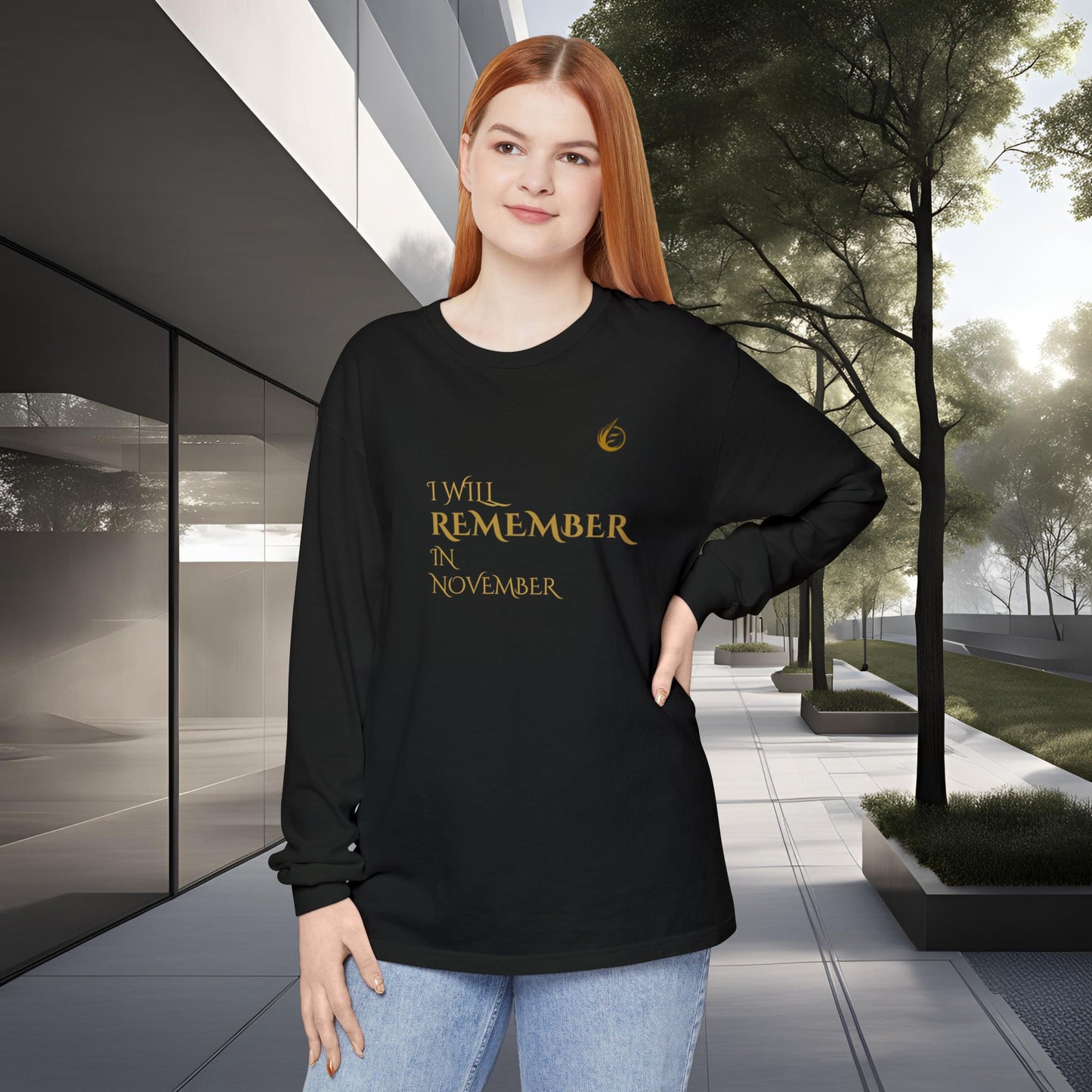 Woman wearing a black EssenceInnoCreate Quiet Resolve sweatshirt with text in an urban setting