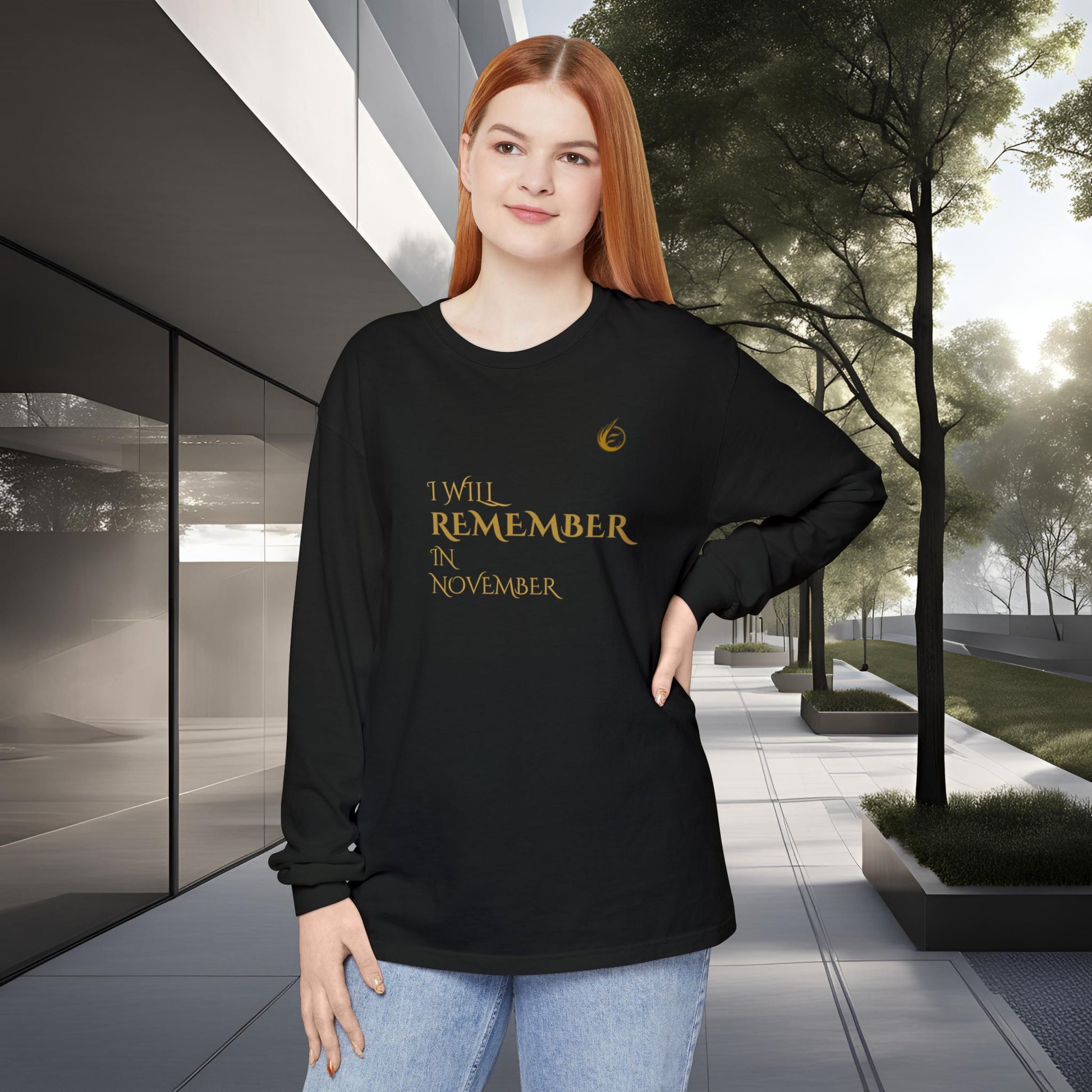 Woman wearing a black EssenceInnoCreate Quiet Resolve sweatshirt with text in an urban setting