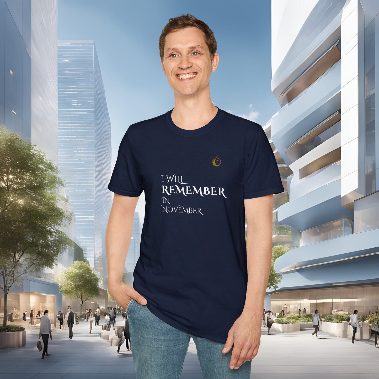 Man wearing a navy blue EssenceInnoCreate Quiet Resolve t-shirt with text in an urban setting