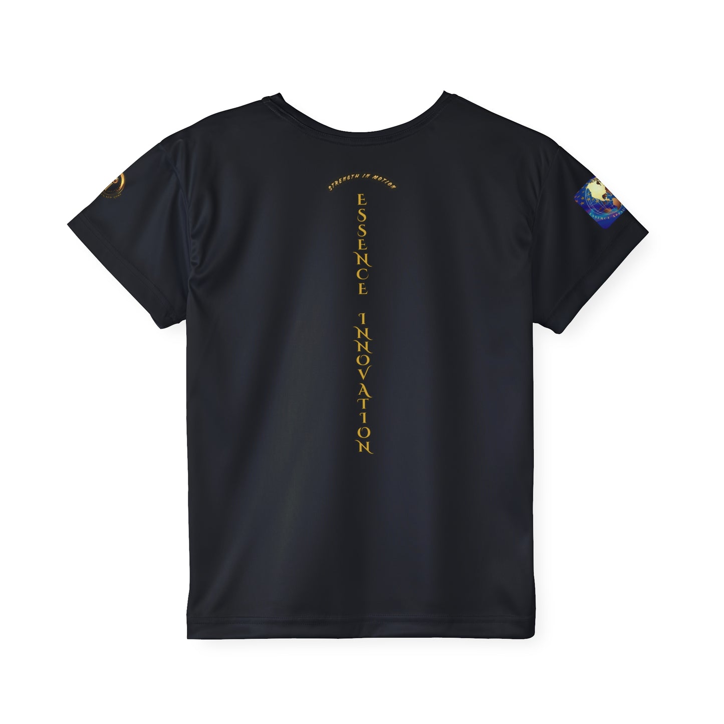 Black Essence Innovation t-shirt with text and designs on a white background